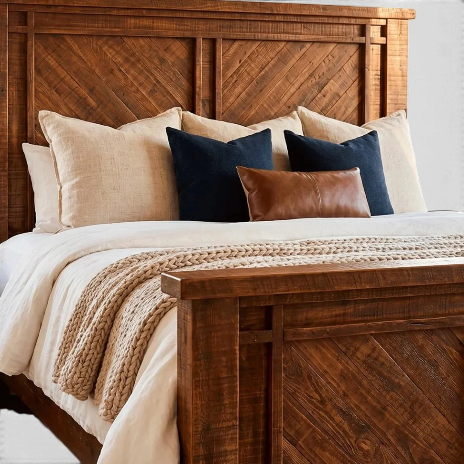 Handmade Mexican reclaimed wood Laguna Niguel bed with chevron headboard