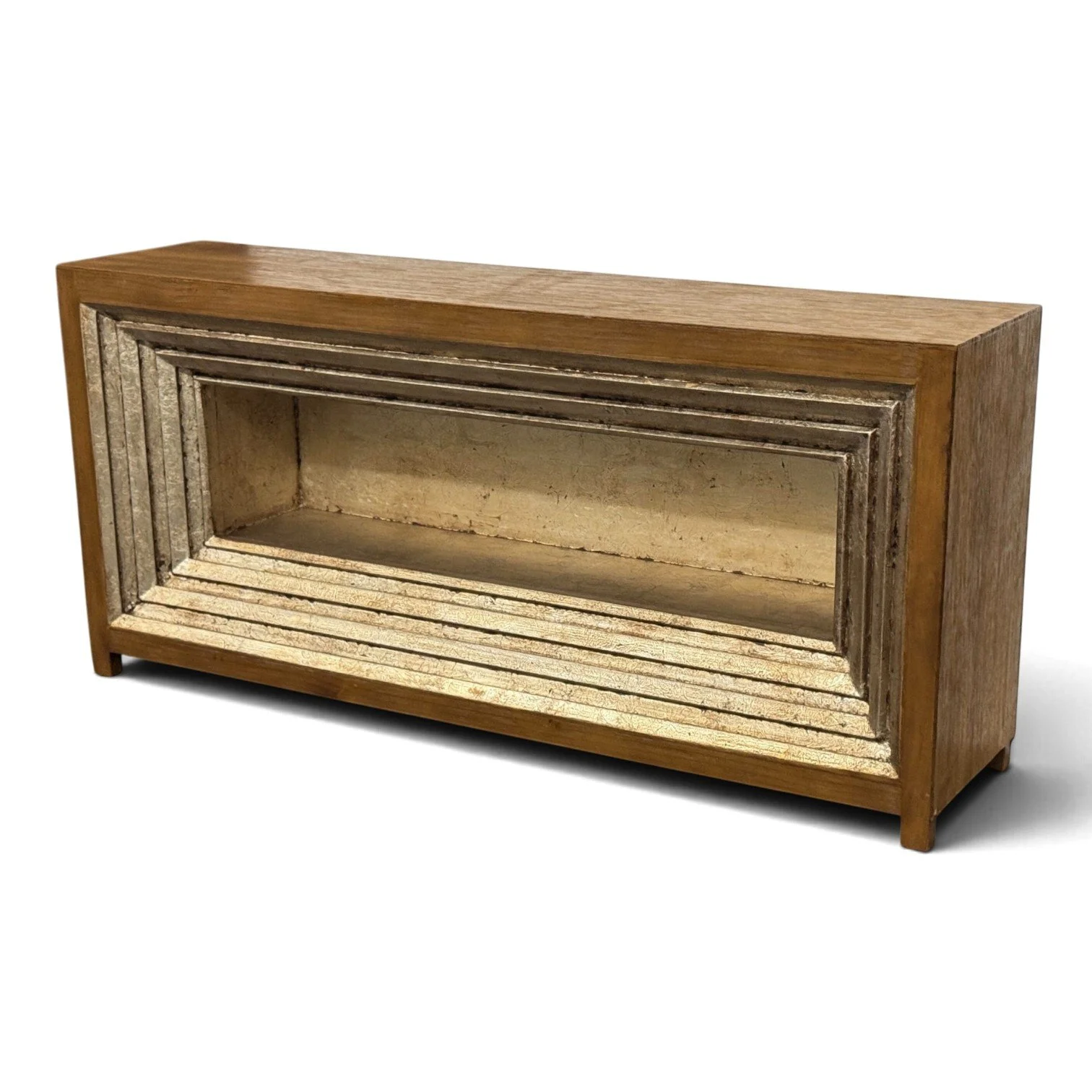 Handmade wood console table with silver-copper metallic detailing