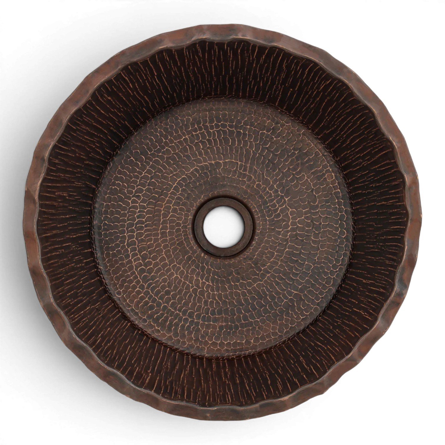 Hacienda Old World 14.5-inch Forest hammered copper vessel sink with tree bark texture and oil rubbed bronze finish.