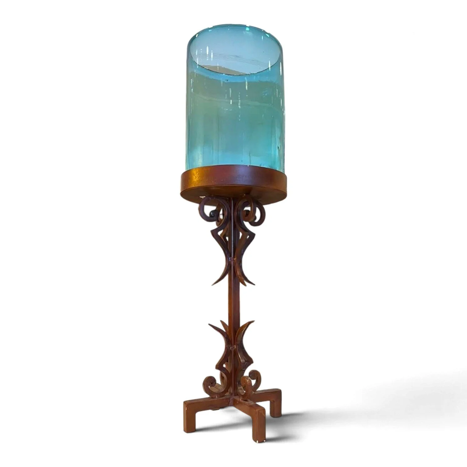 Handmade wrought iron candelabra with turquoise hand-blown glass cylinder