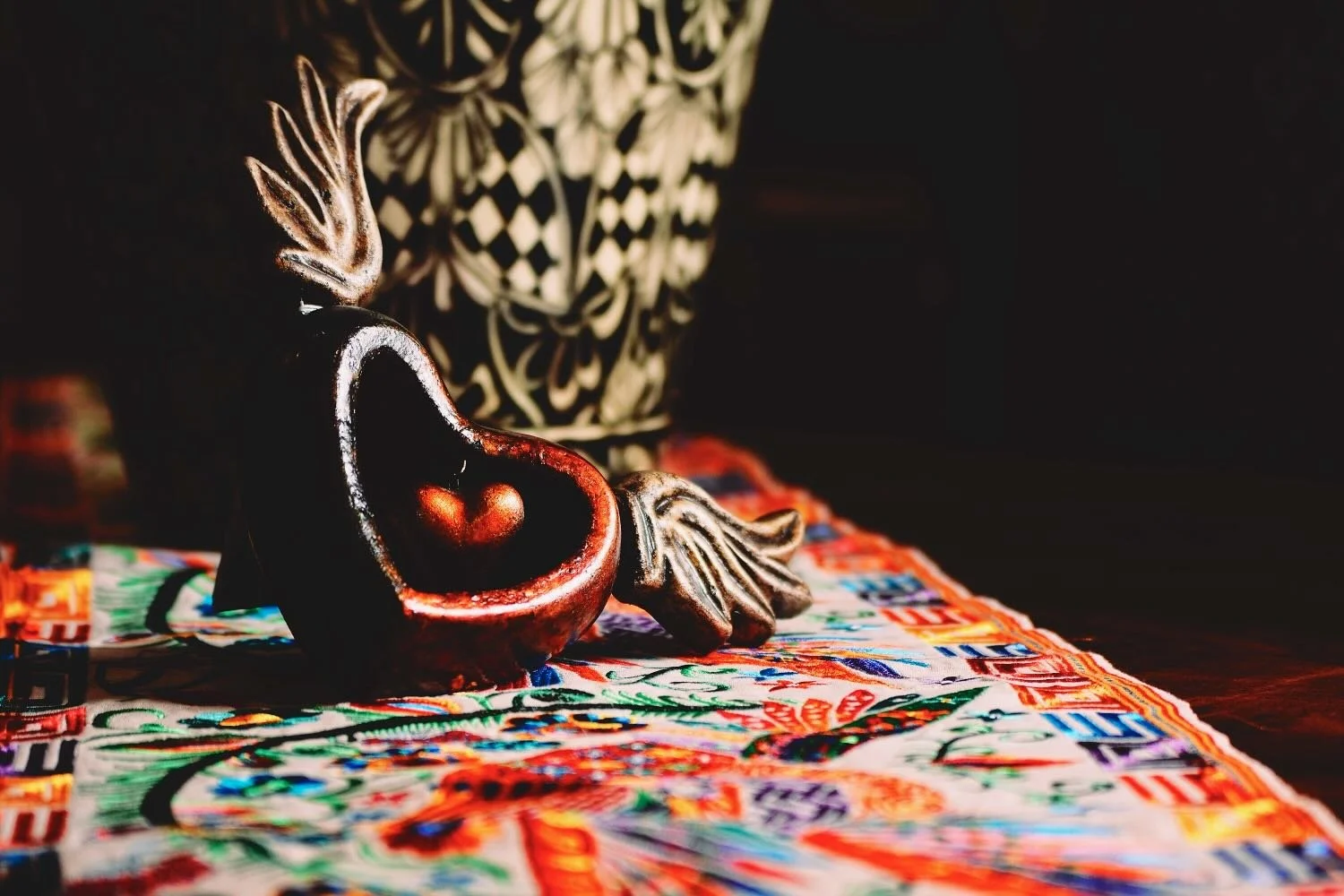 Handmade Sacred Heart with Wings and Oaxaca Embroidered Table Runner