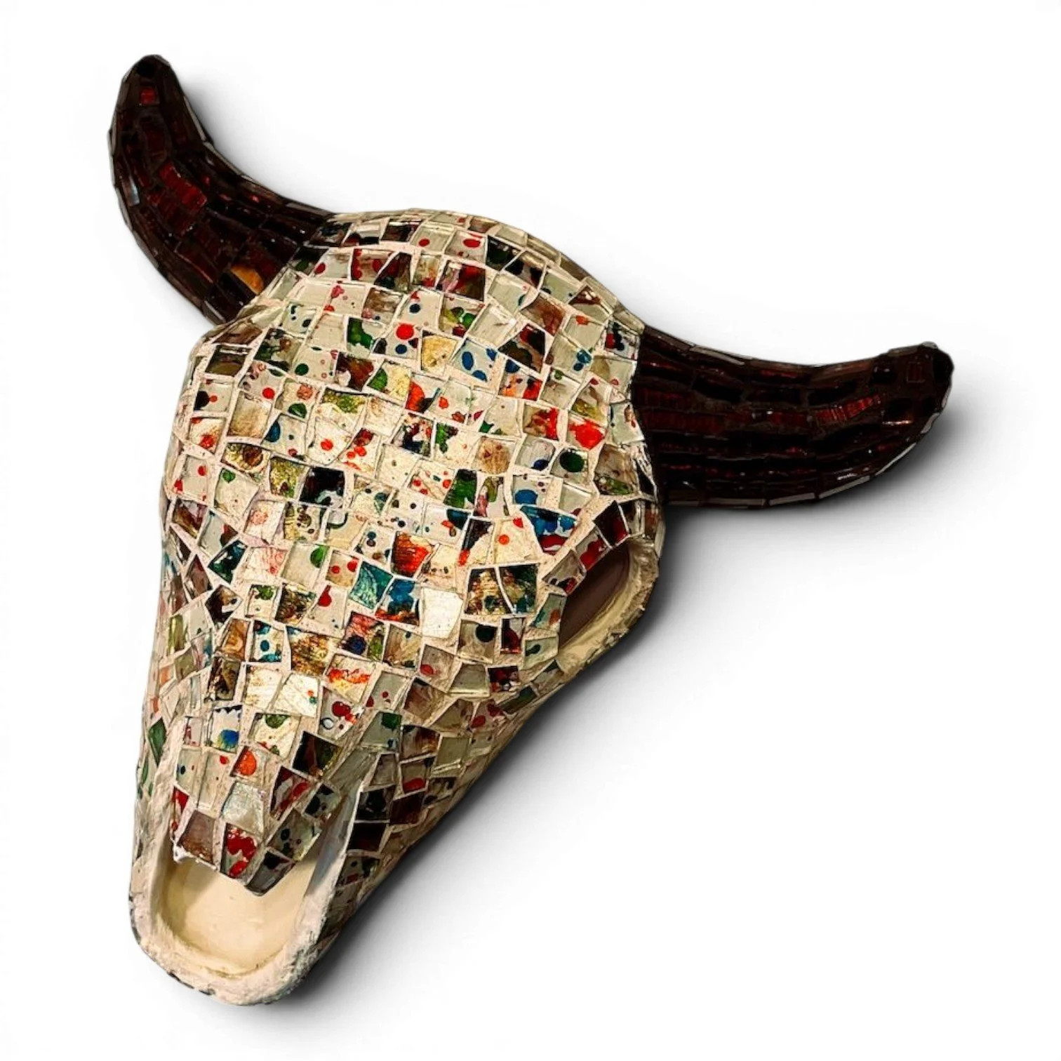 Handmade Mexican small mosaic cow skull with hand-formed clay and colorful glass tiles