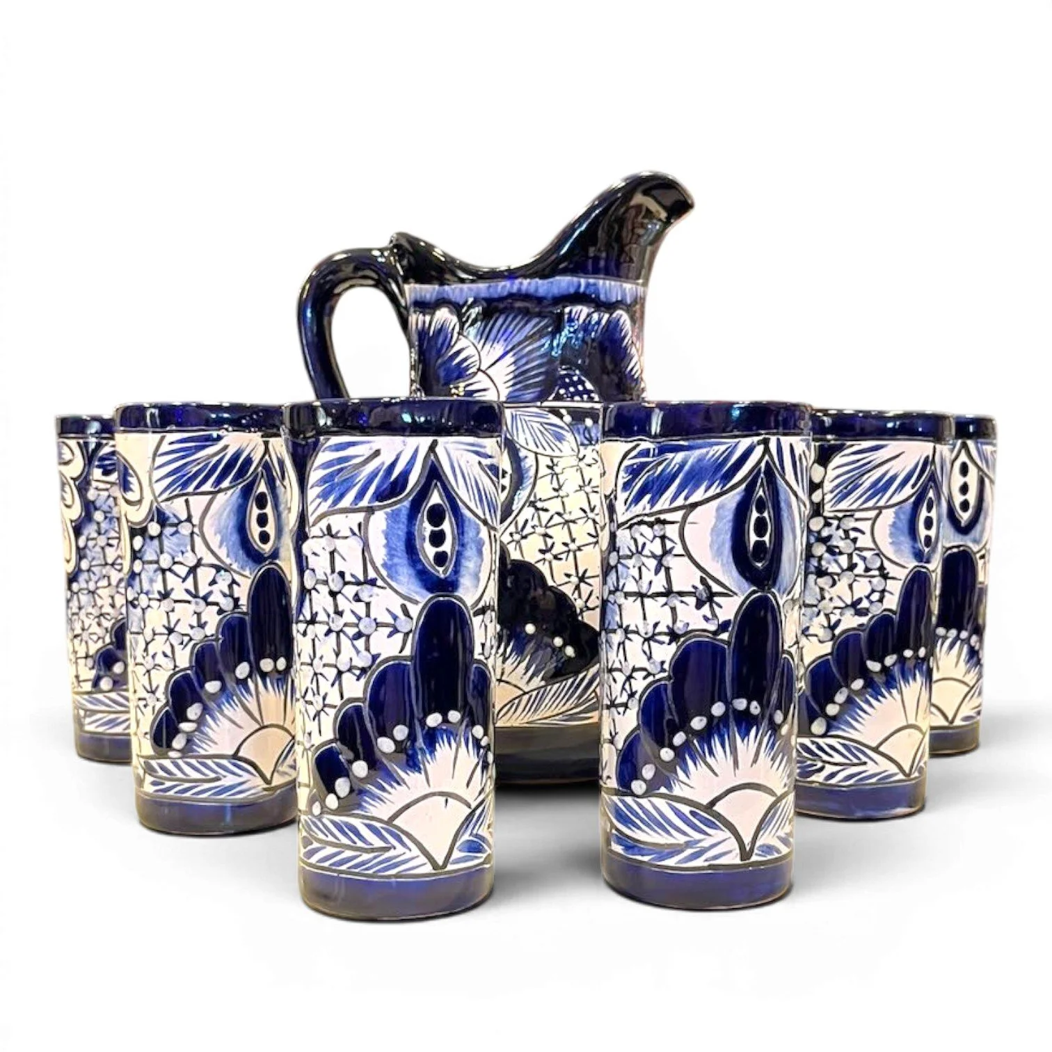 Blue & White Talavera Pitcher & Tumbler Set | Handmade Mexican 7-Piece Drinkware Set