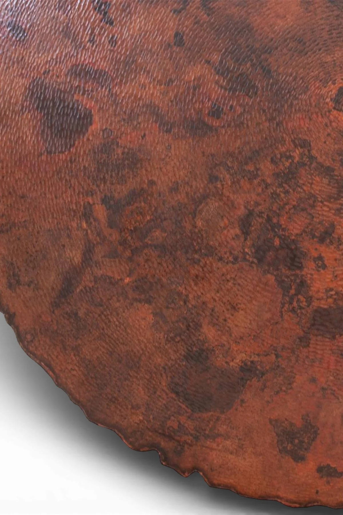 Shop a handmade copper dining table from Mexico. Live edge copper top with solid wood base, perfect for rustic luxury dining spaces.