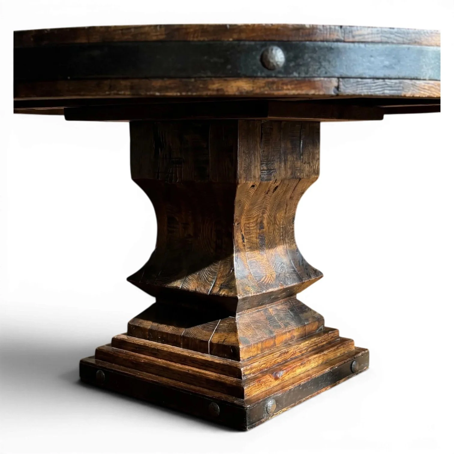 Hacienda Rustica Redonda handmade reclaimed wood dining table from Mexico with iron trim, decorative clavos, pedestal base, and rich dark stained finish.