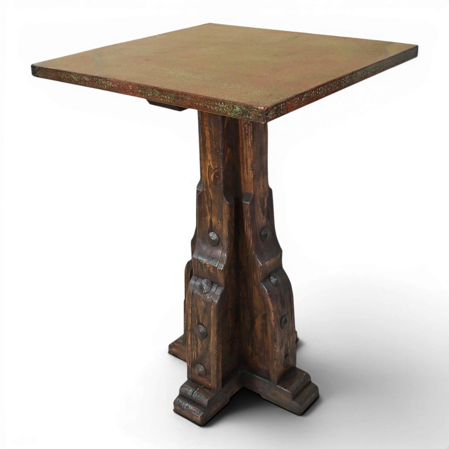 Handmade Mexican La Ventura round copper bar table with hand-pounded copper top and intricately hand-carved solid wood base.