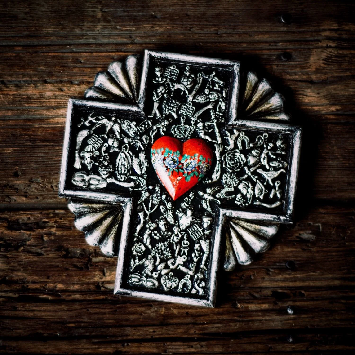 Black & Silver Milagros Cross with Hand Painted Red Sacred Heart.