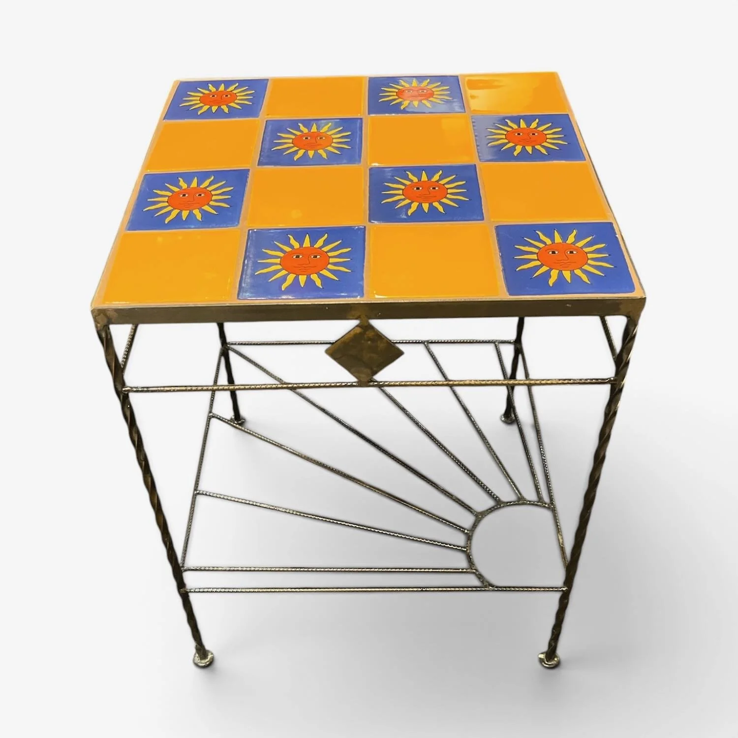 Handmade Talavera 16 Tile Table with colorful Mexican ceramic tiles and twisted wrought iron legs.