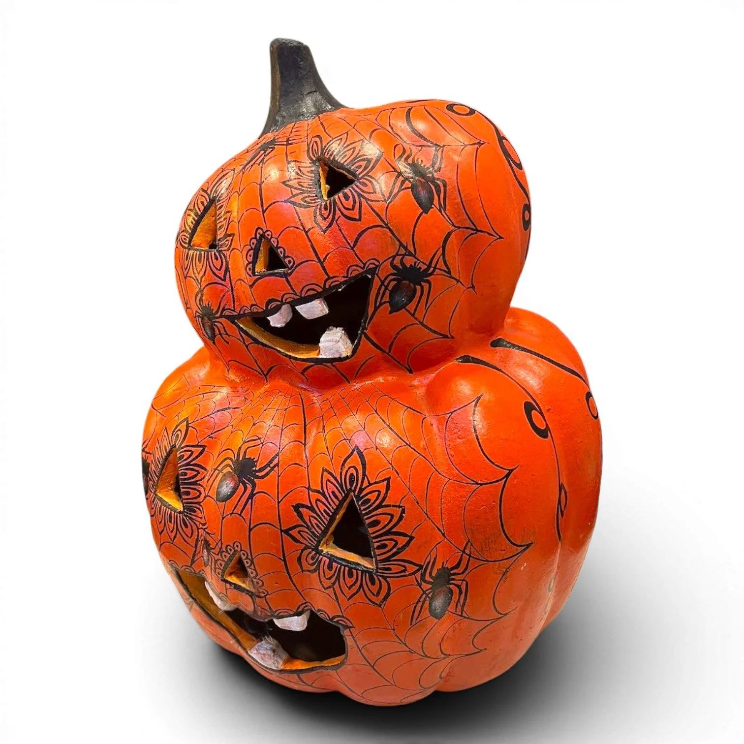 Handmade Mexican double clay jack-o’-lantern with hand-painted spider and web design