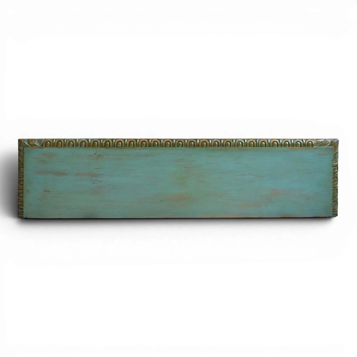 Handmade El Lobo turquoise sofa table with distressed finish, carved details, and iron hardware crafted in Mexico.