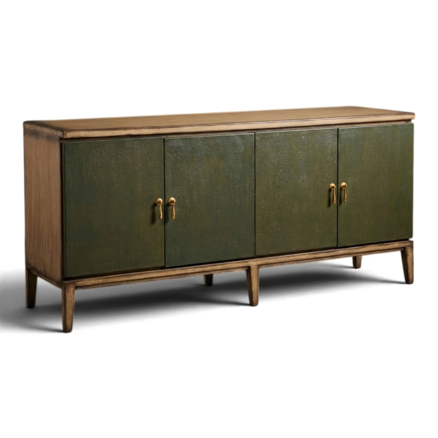 Handmade Peruvian Renata Leather Buffet in deep olive leather with warm wood top and base