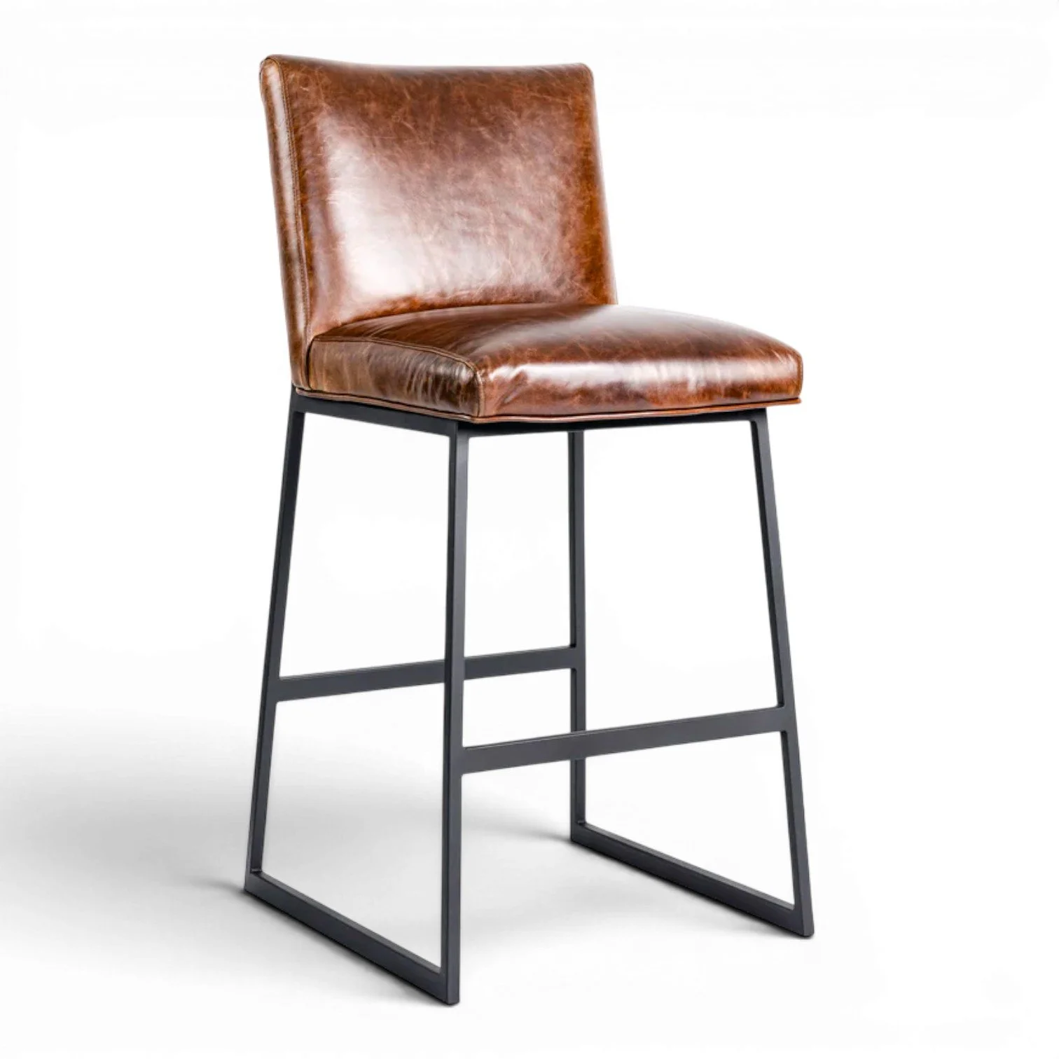 Handmade Austin leather bar stool with top-grain brown leather, crocodile-pattern leather back, and solid iron frame.