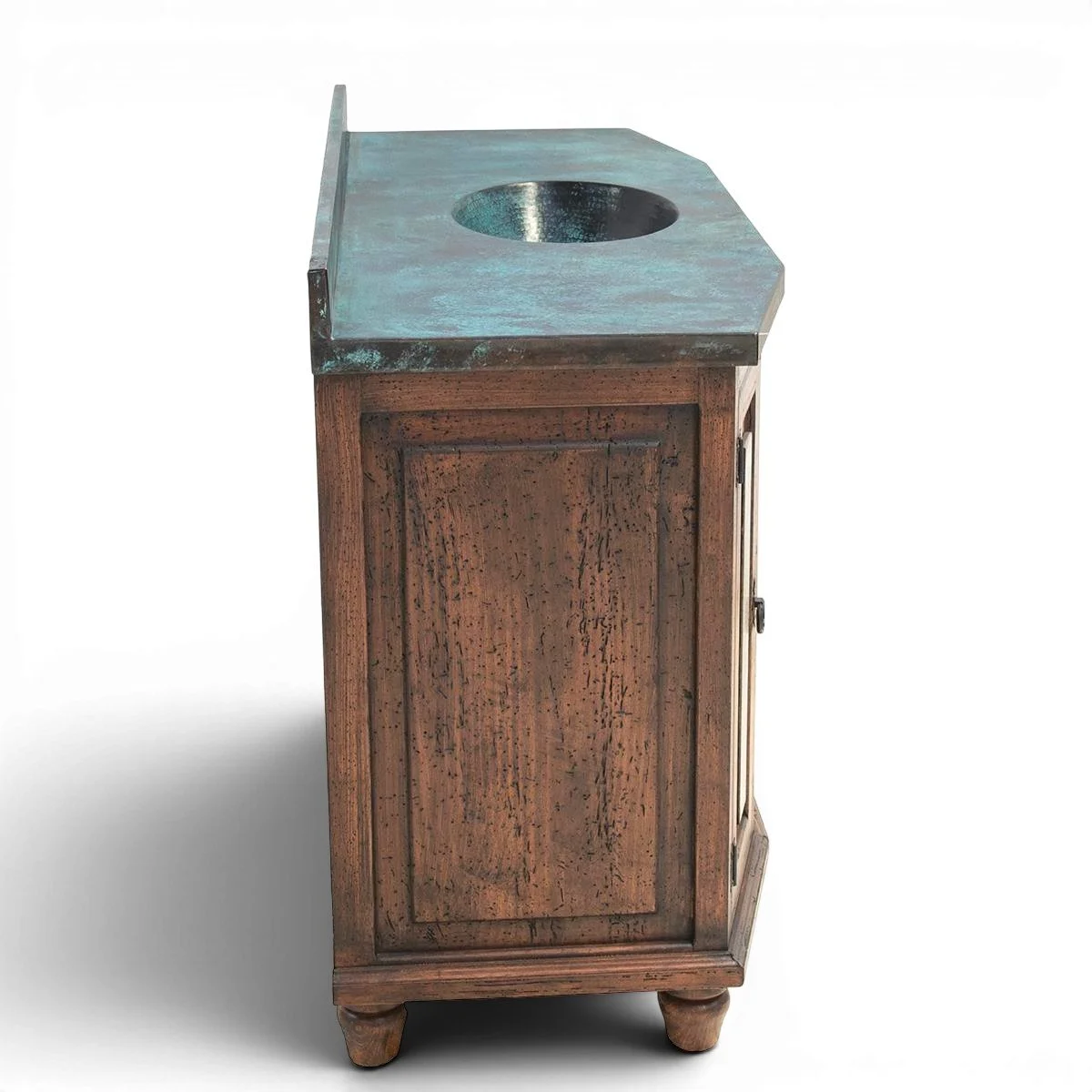 Handmade Las Palmas turquoise copper bathroom vanity with single sink, dark wood frame, and iron hardware.