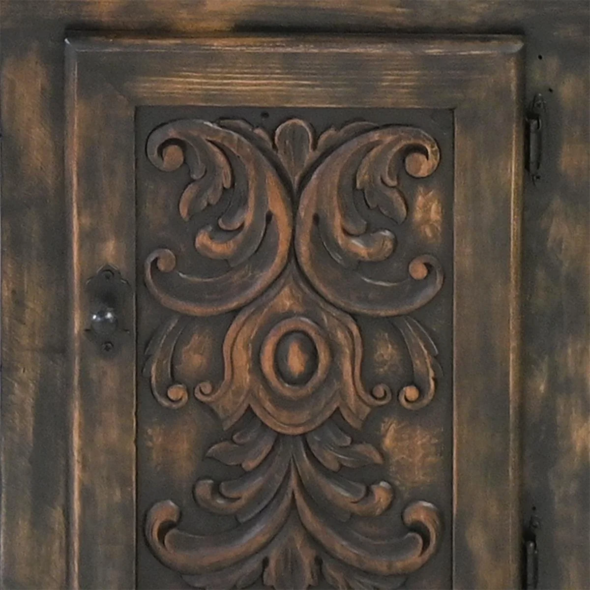 Handmade Mexican Alvarado accent cabinet with black wash finish, hand-carved details, iron hardware, drawers, cabinet, and open shelves
