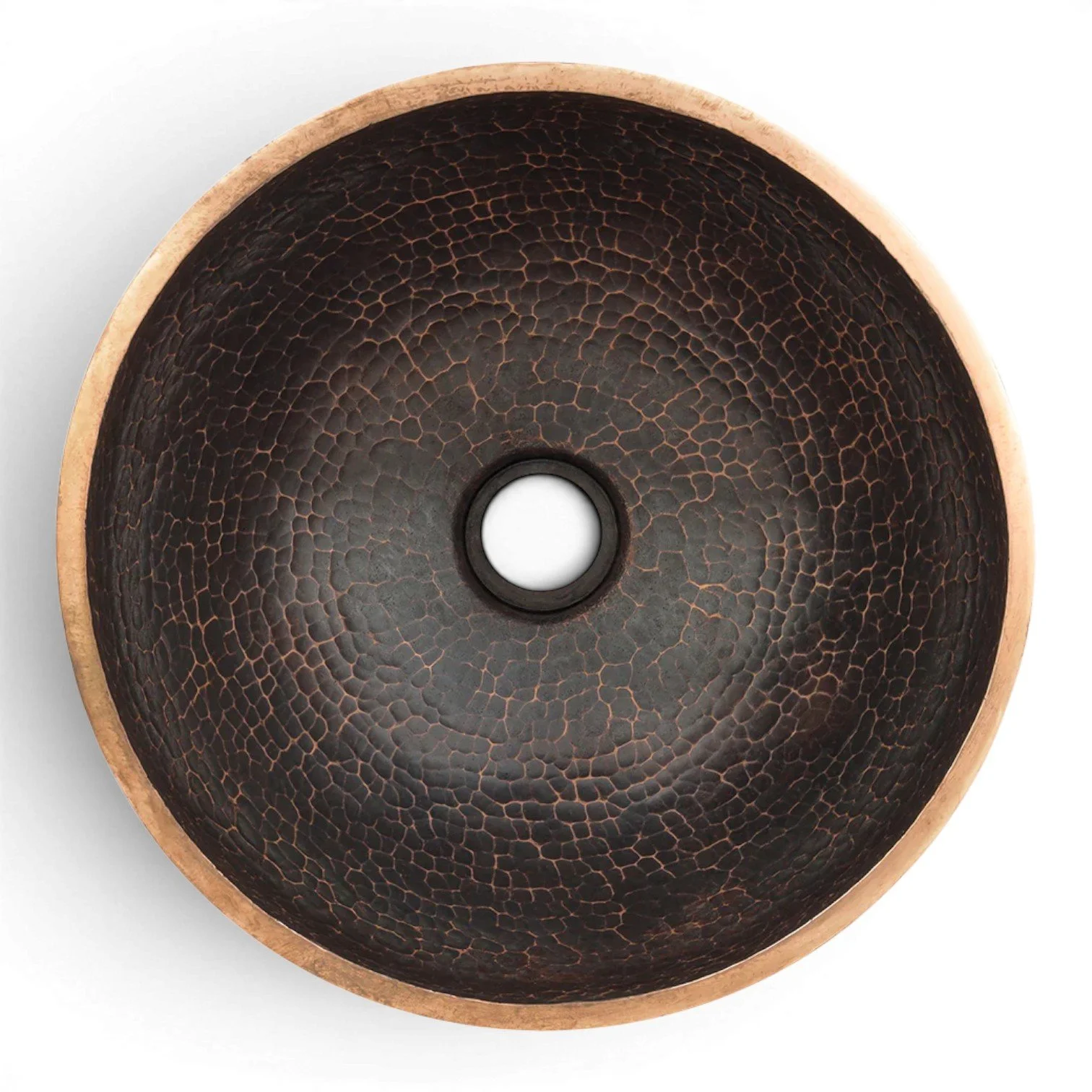Hacienda Old World 13-inch round hand forged hammered copper vessel sink with oil rubbed bronze finish.