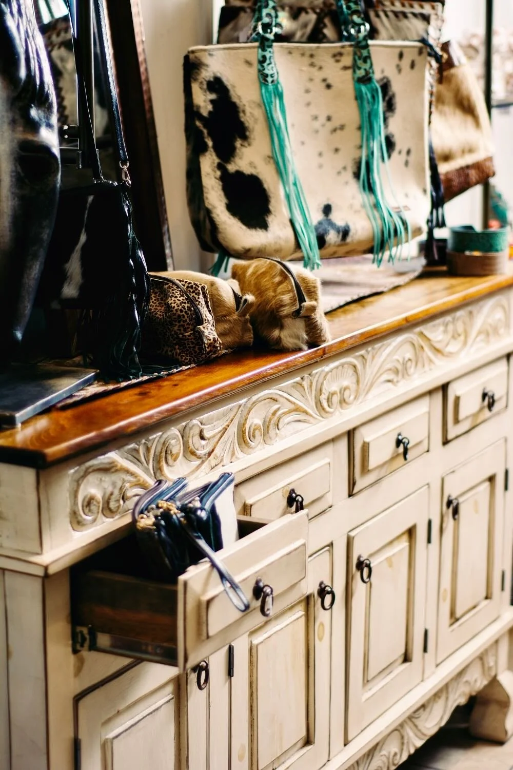 Las Cuevas Buiffet and cowhide decor.