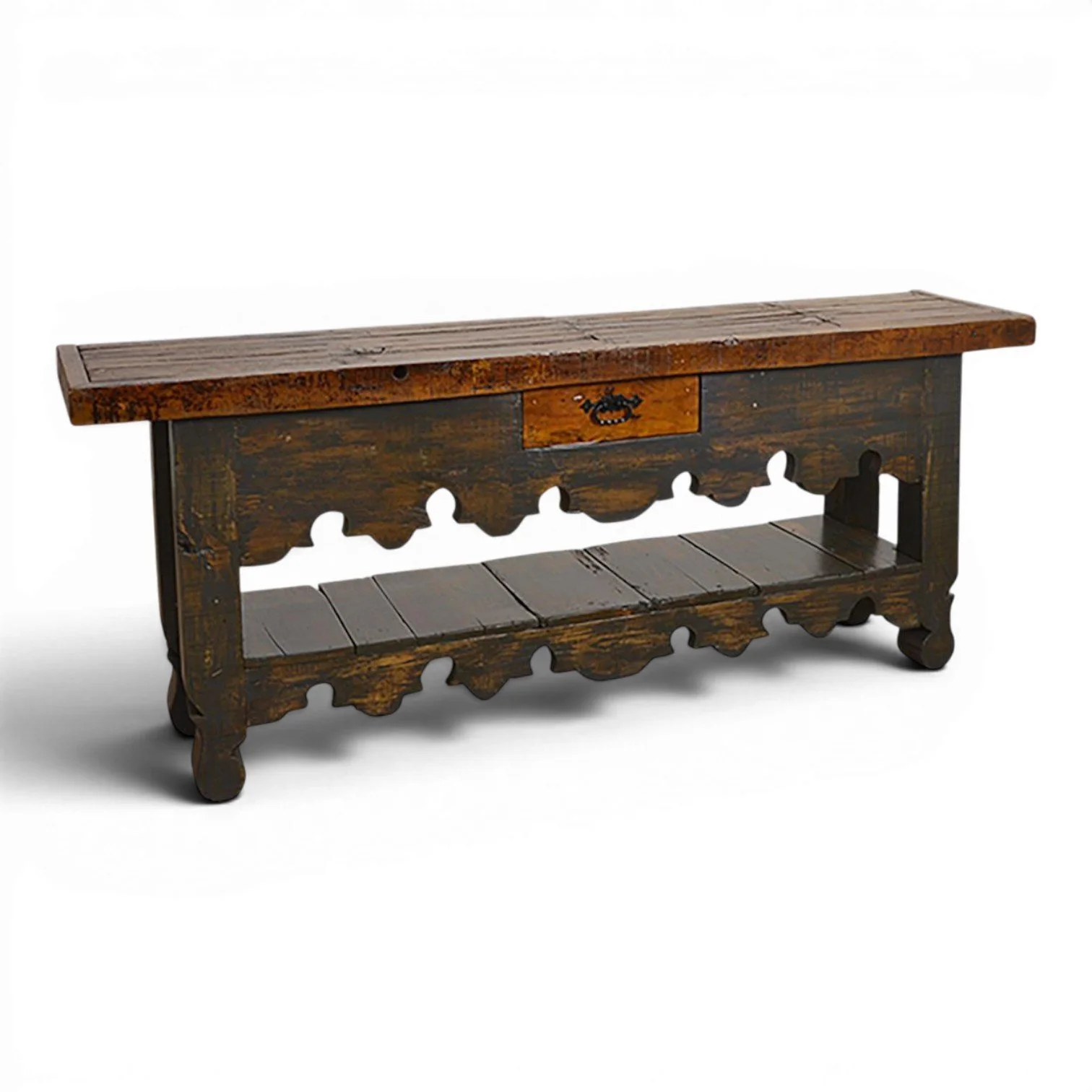 Handmade Mexican Rio Grande console table with distressed black finish, hand-carved details, iron hardware, and open shelf
