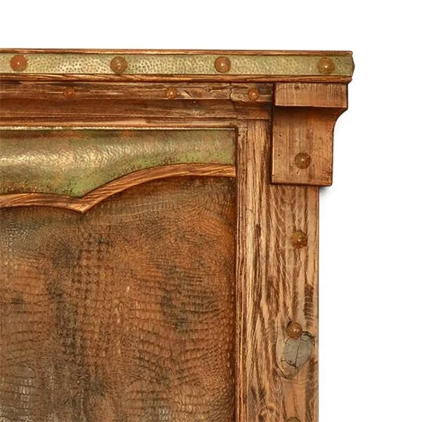 Luxury Alamogordo Copper and Cowhide Bed handcrafted in Mexico with crocodile leather panels, hand-pounded copper trim, and carved wood details.