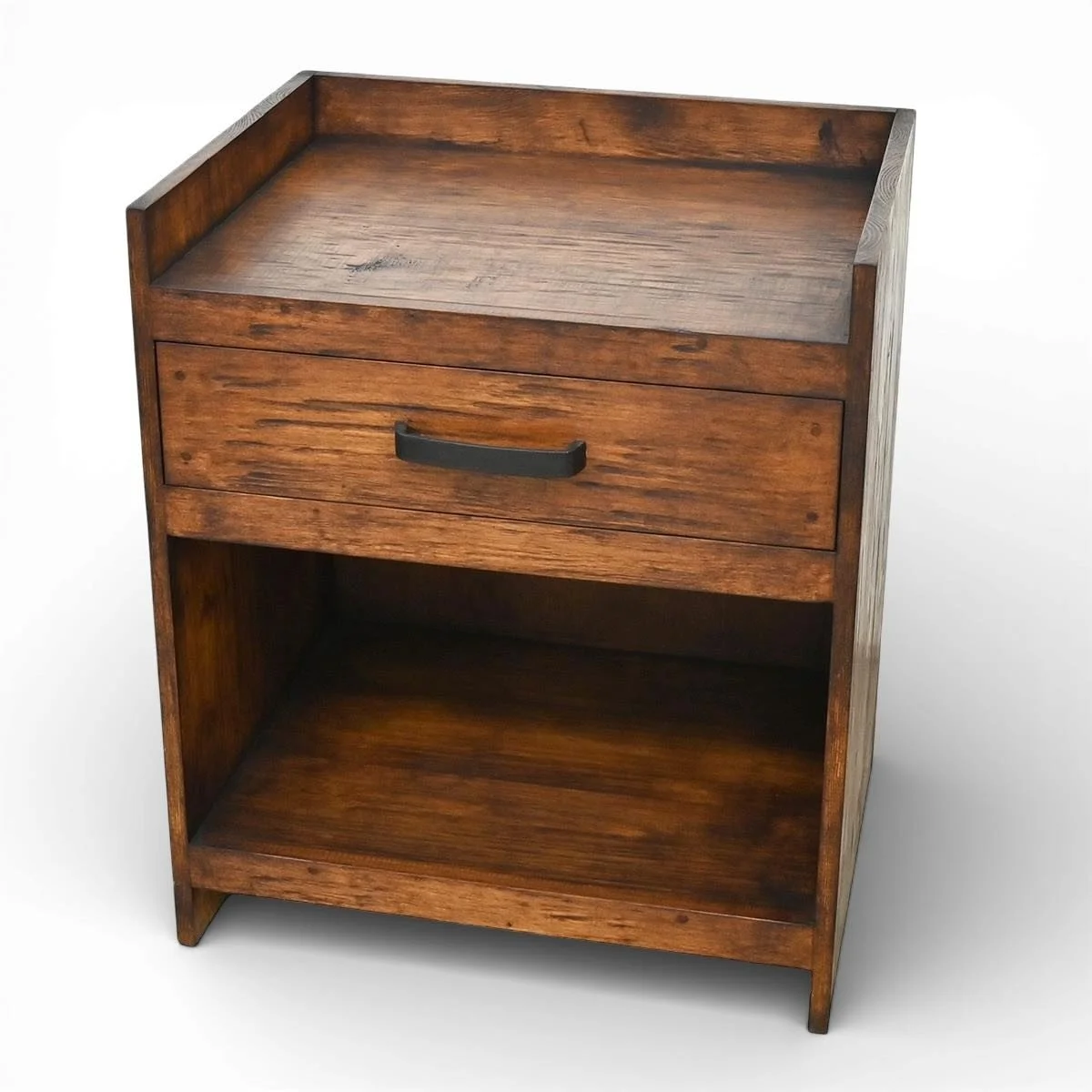 Handmade Gran Pais rustic wood nightstand with one drawer, open shelf, iron hardware, and rich dark stain crafted in Mexico.