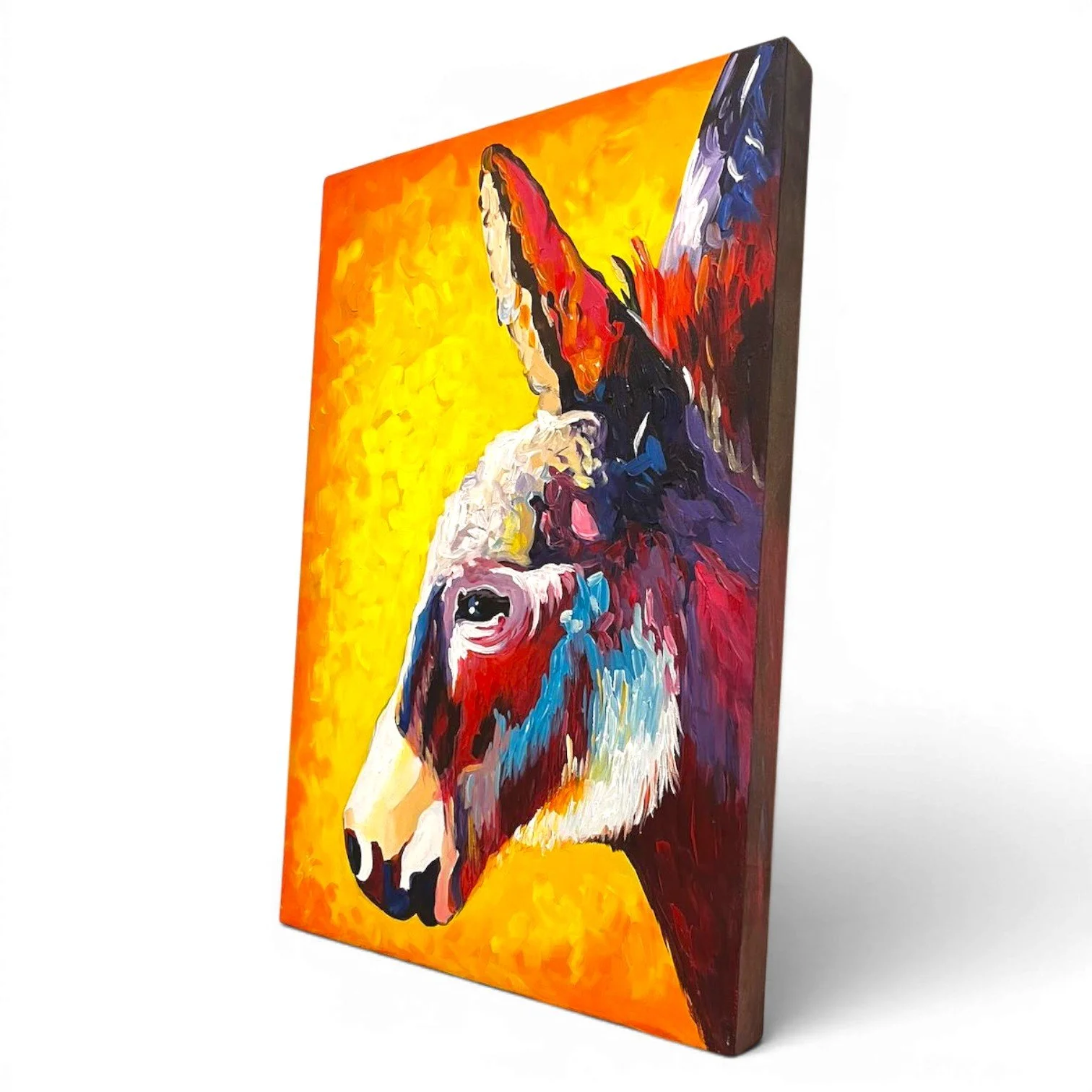Hand-painted colorful Mexican donkey canvas artwork in mini size