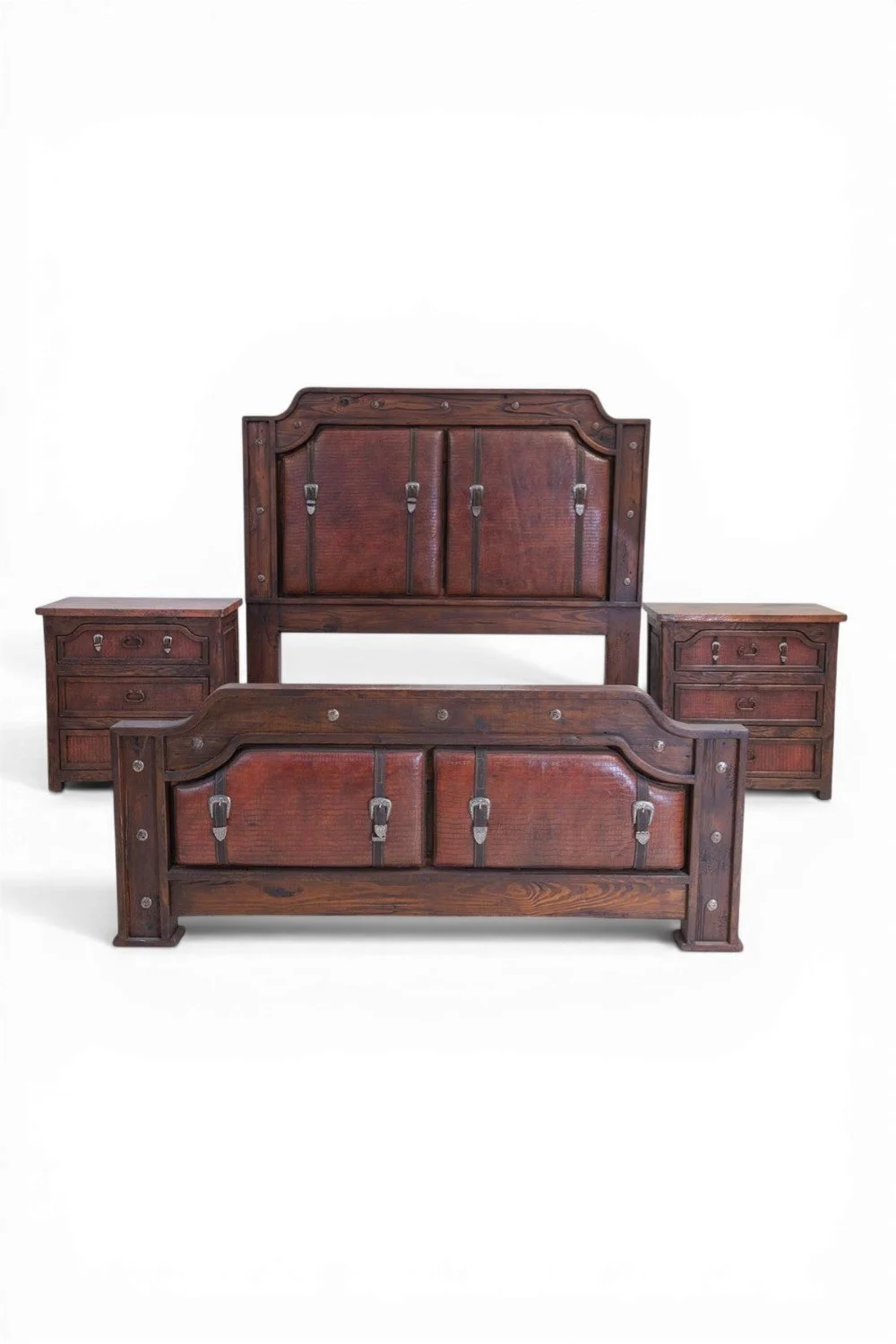 Shop a handmade croc print leather bed from Mexico. Rustic luxury design with wood frame, leather accents, and hacienda-style craftsmanship.