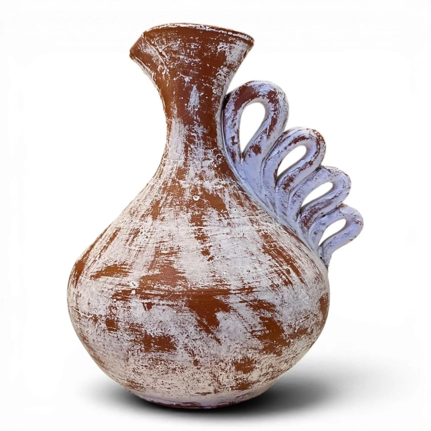 Handmade Mexican Jarra Blanca clay vase with distressed whitewashed finish, ribbon handle, and genie-style design