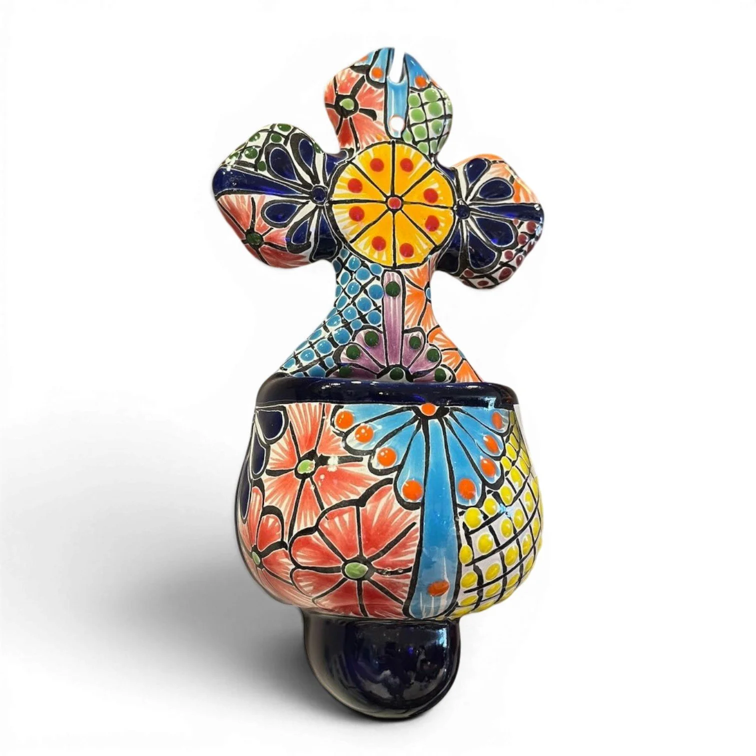 Handmade Mexican Talavera Holy Water Font with colorful hand-painted ceramic design
