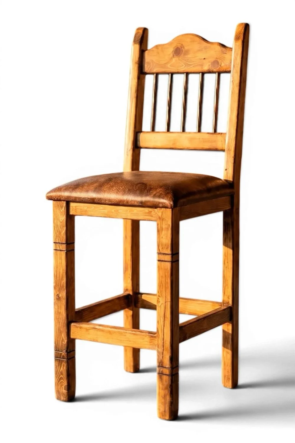 Shop the El Rancho Bar Stool handmade in Mexico. Rustic reclaimed wood stool with leather seat, twisted iron back, and Western artisan style.