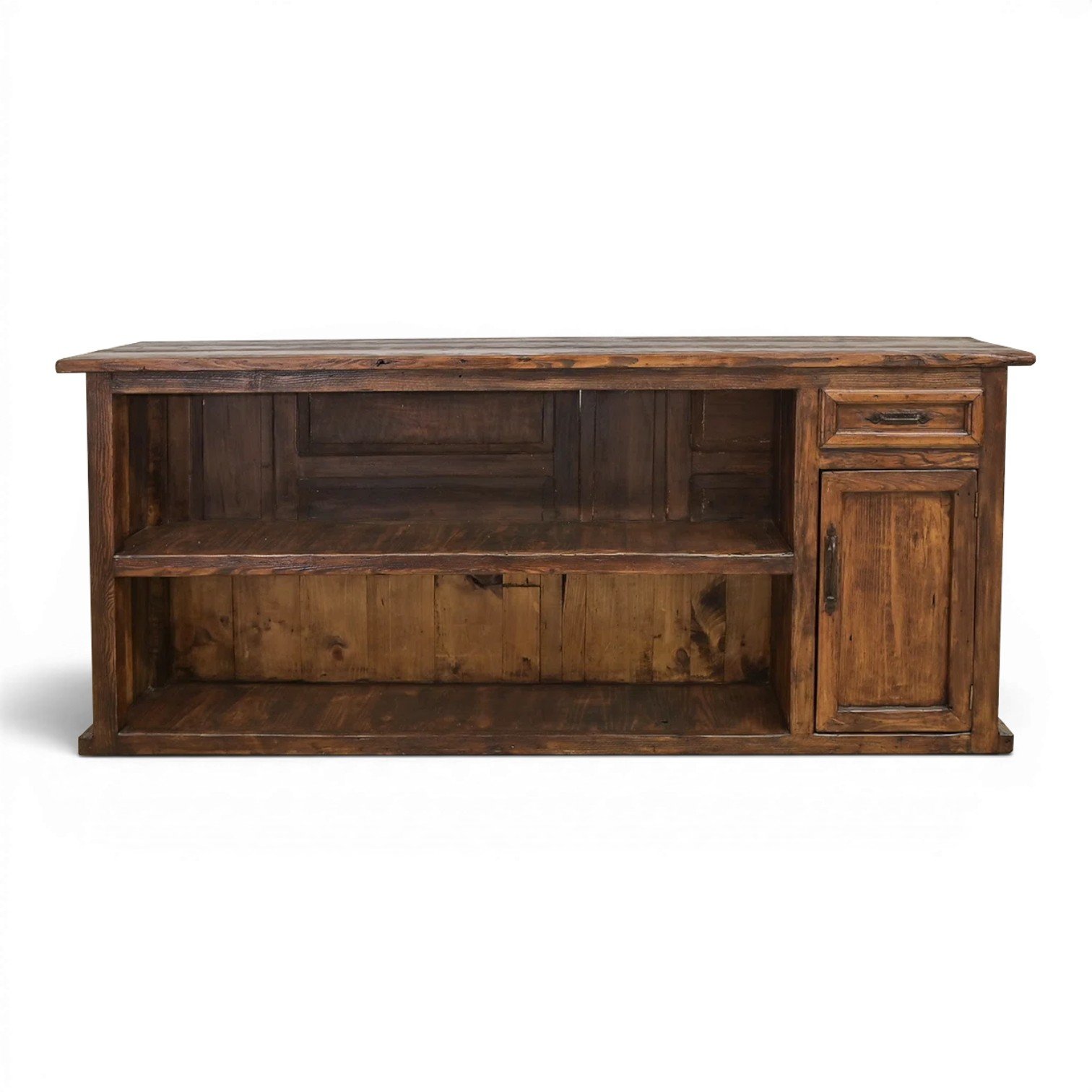 Handmade Sabinas rustic Western bar with hand-carved details and distressed antique finish crafted in Mexico.