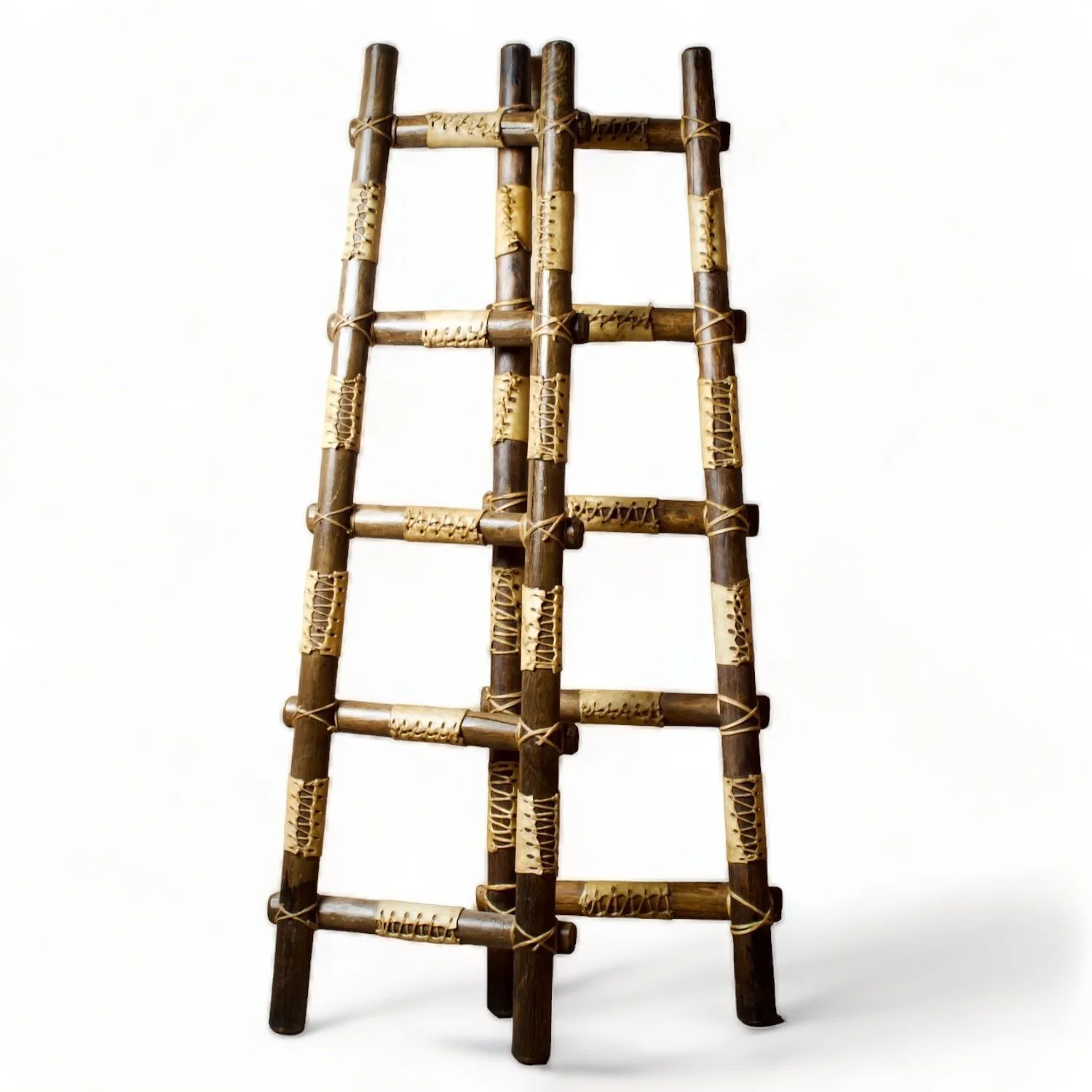 Handmade Mexican reclaimed wood kiva ladder with rawhide leather wrap details