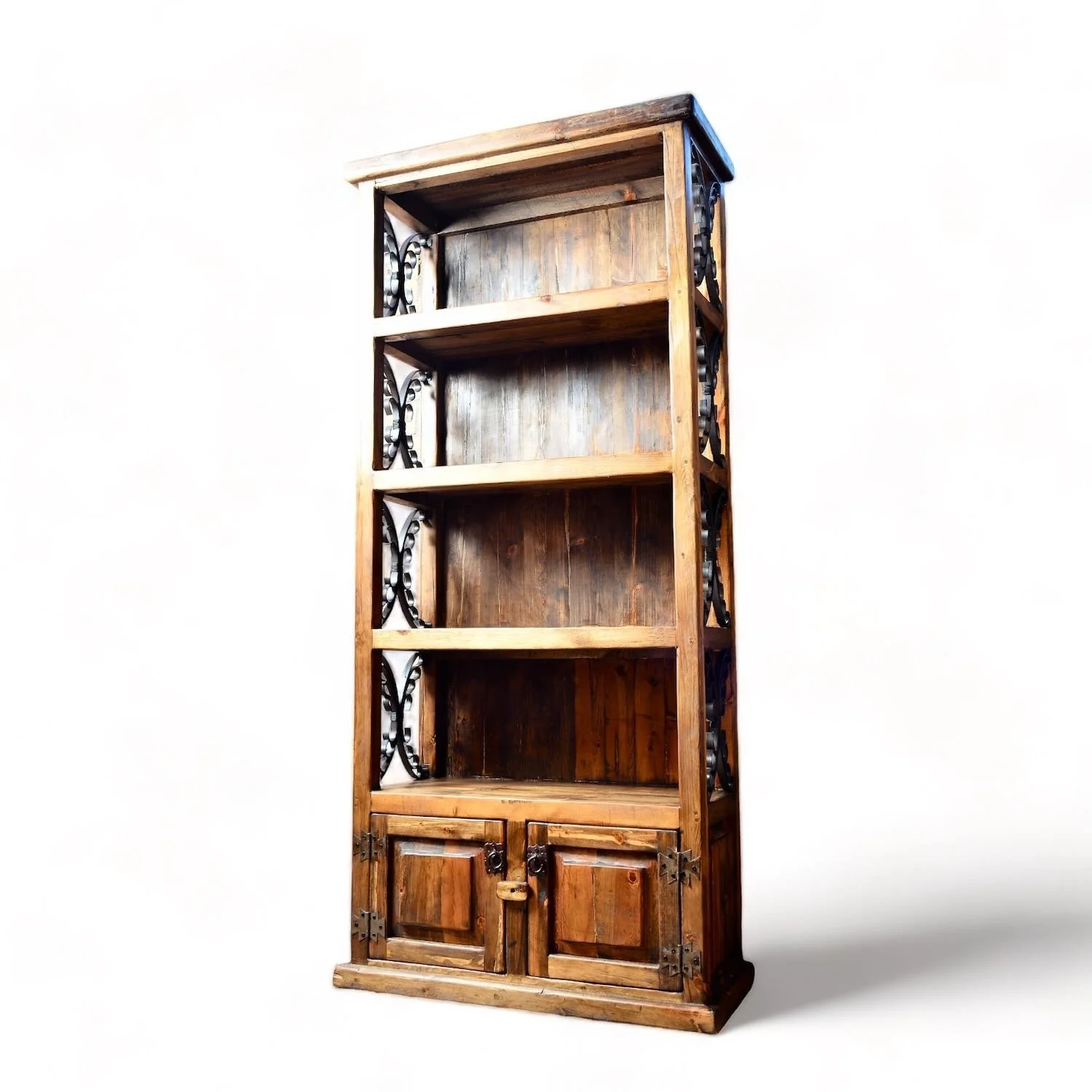 El Rosarito handcrafted Mexican reclaimed wood and wrought iron bookcase with rustic open shelving