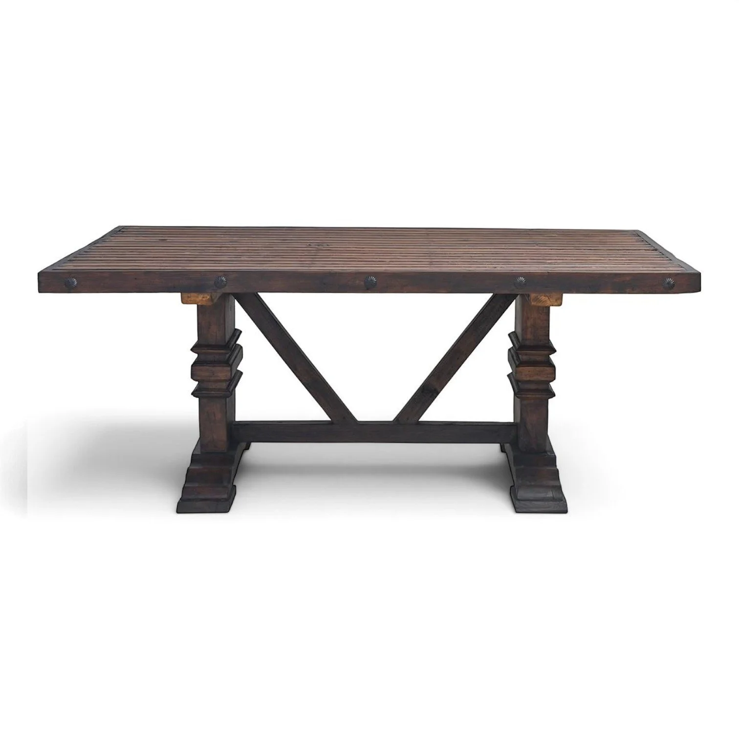 Handmade distressed slat top dining table with trestle base