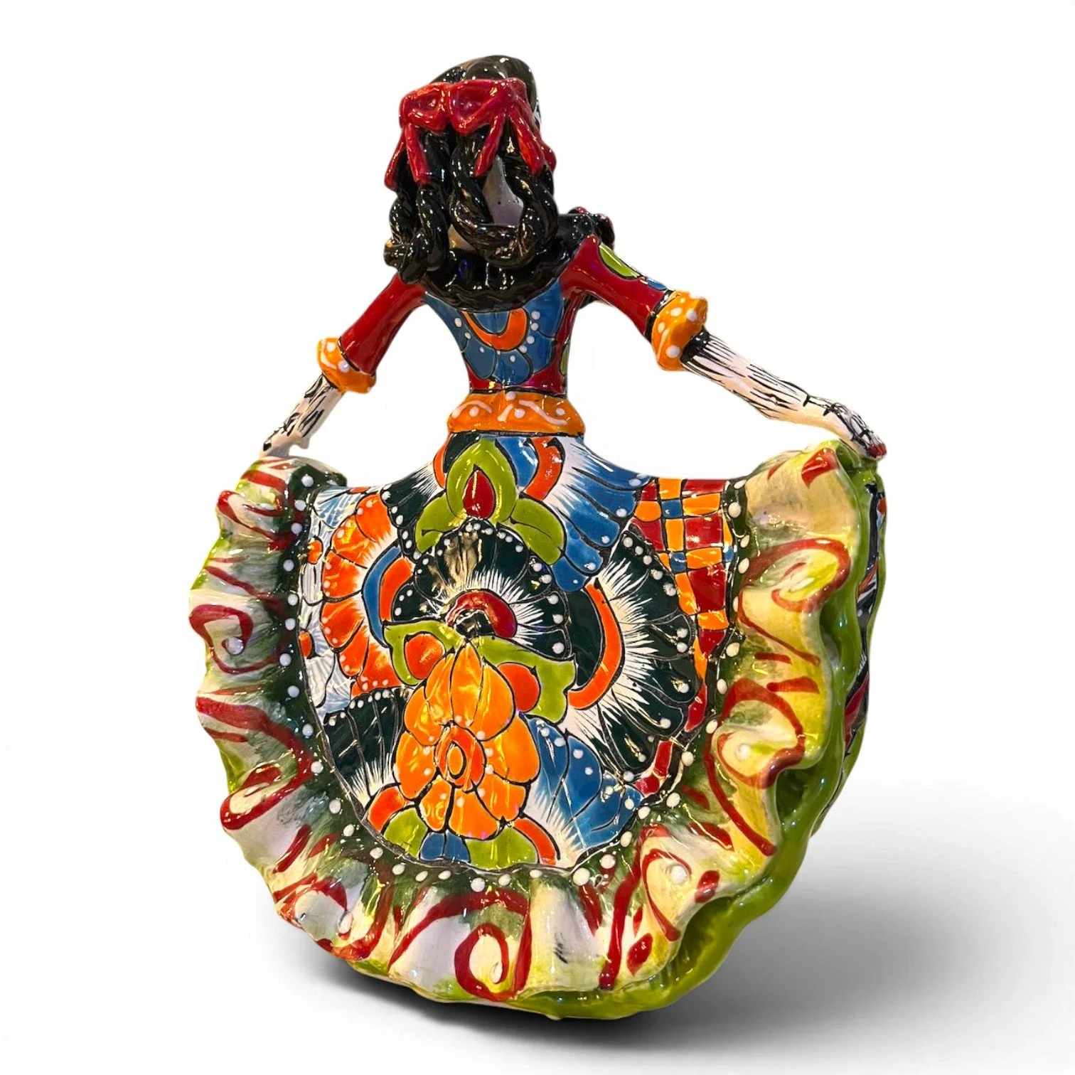 Handmade Talavera Catrina figurine with vibrant flowing dress