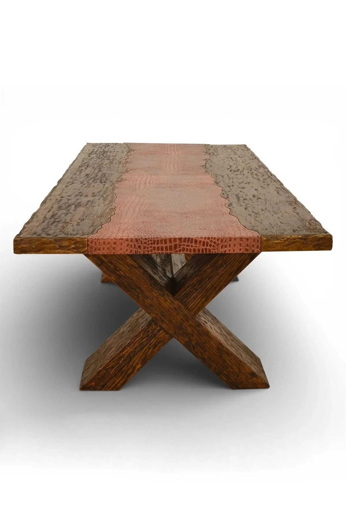 Shop a handmade leather dining table from Mexico. Rustic wood table with crocodile-embossed leather insert, perfect for luxury dining spaces.