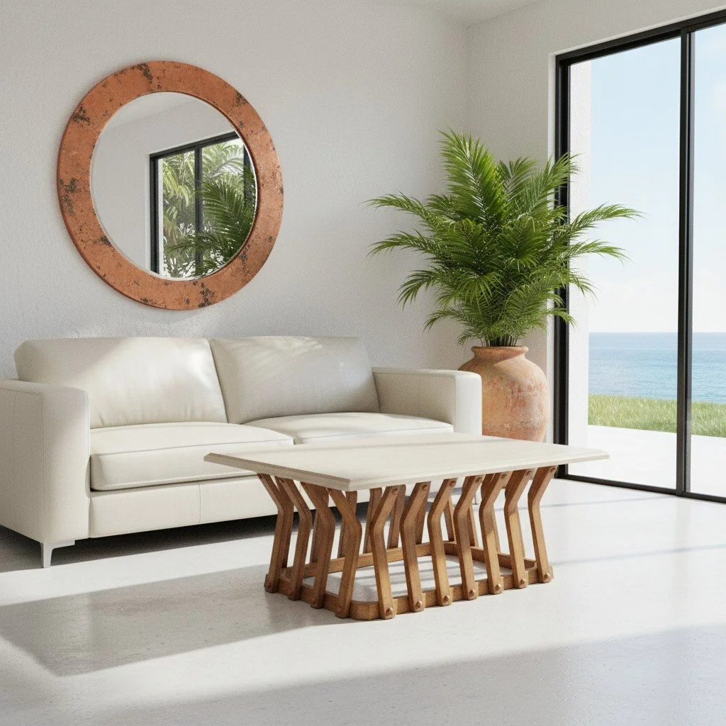 Handmade two-tone wood coffee table with caramel base and cream top