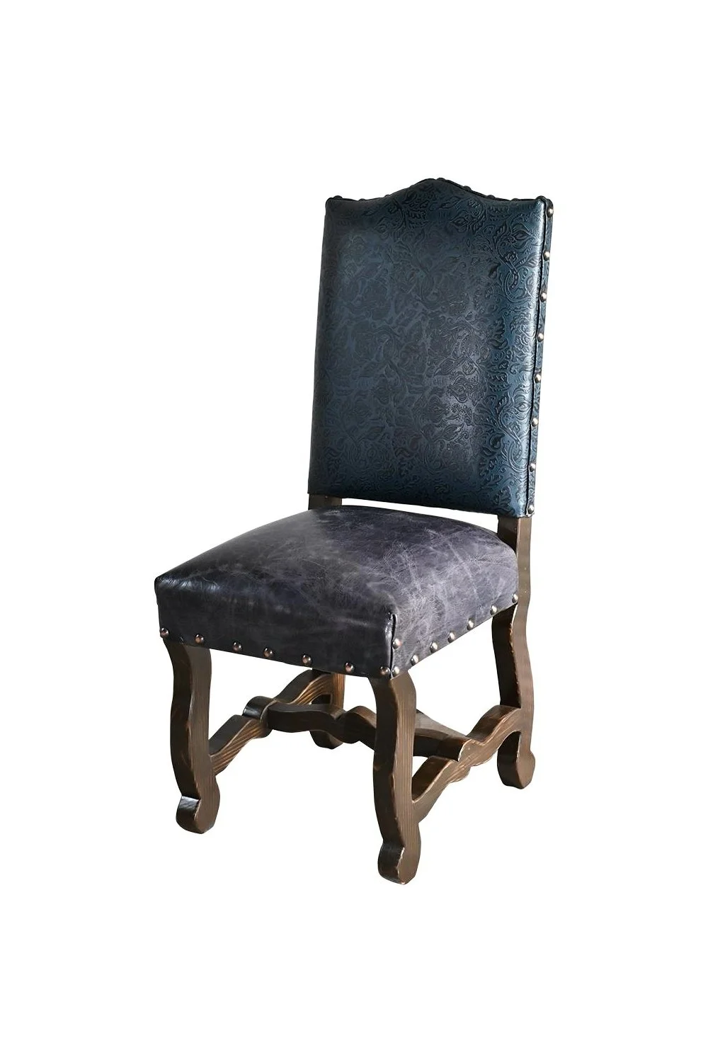 Shop the San Lucas Dining Chair - Azul handmade in Mexico. Solid wood frame with dark stain, blue leather upholstery, carved details, and clavos trim for rustic luxury dining style.
