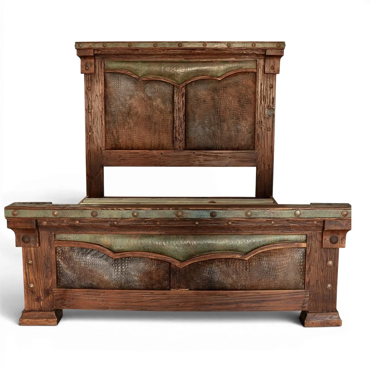 Luxury Alamogordo Copper and Cowhide Bed handcrafted in Mexico with crocodile leather panels, hand-pounded copper trim, and carved wood details.