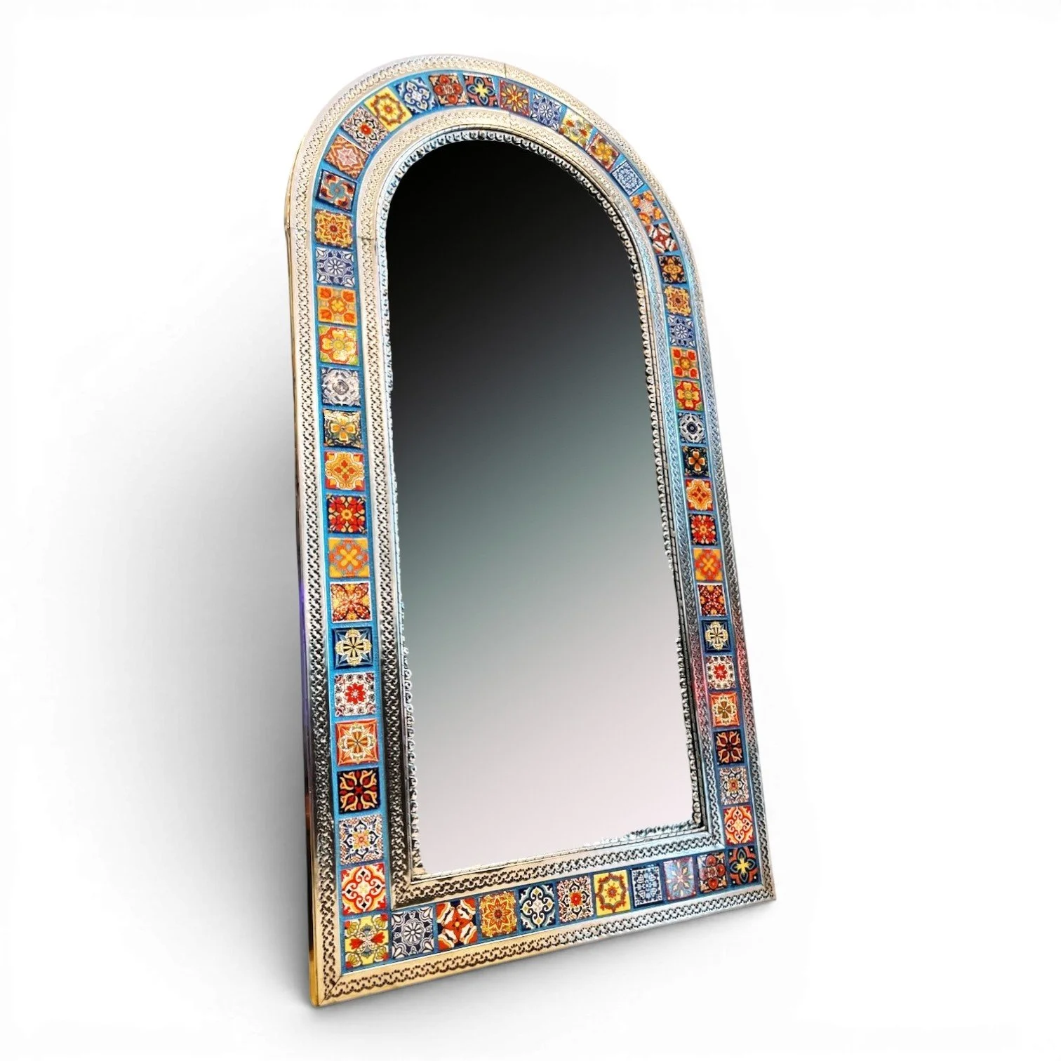 Handmade Mexican Arch Talavera Mirror with blue tile accents and elegant arched design