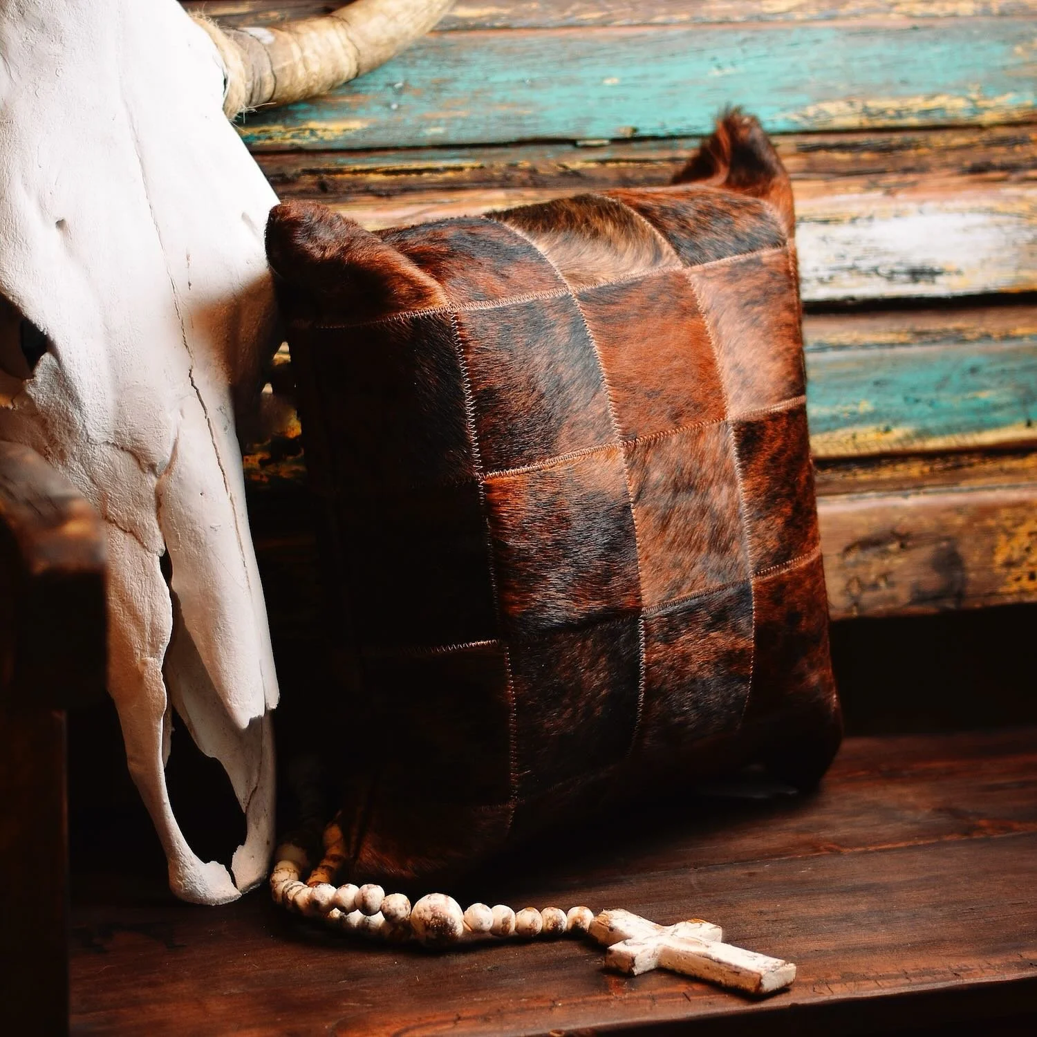 Handmade Brazilian Tombstone Pillow featuring cowhide and leather Western design, 18x18 decorative throw pillow.