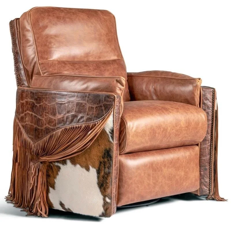 Maverick Western leather and cowhide recliner with top-grain leather upholstery, genuine cowhide accents, hardwood frame, and nailhead trim.