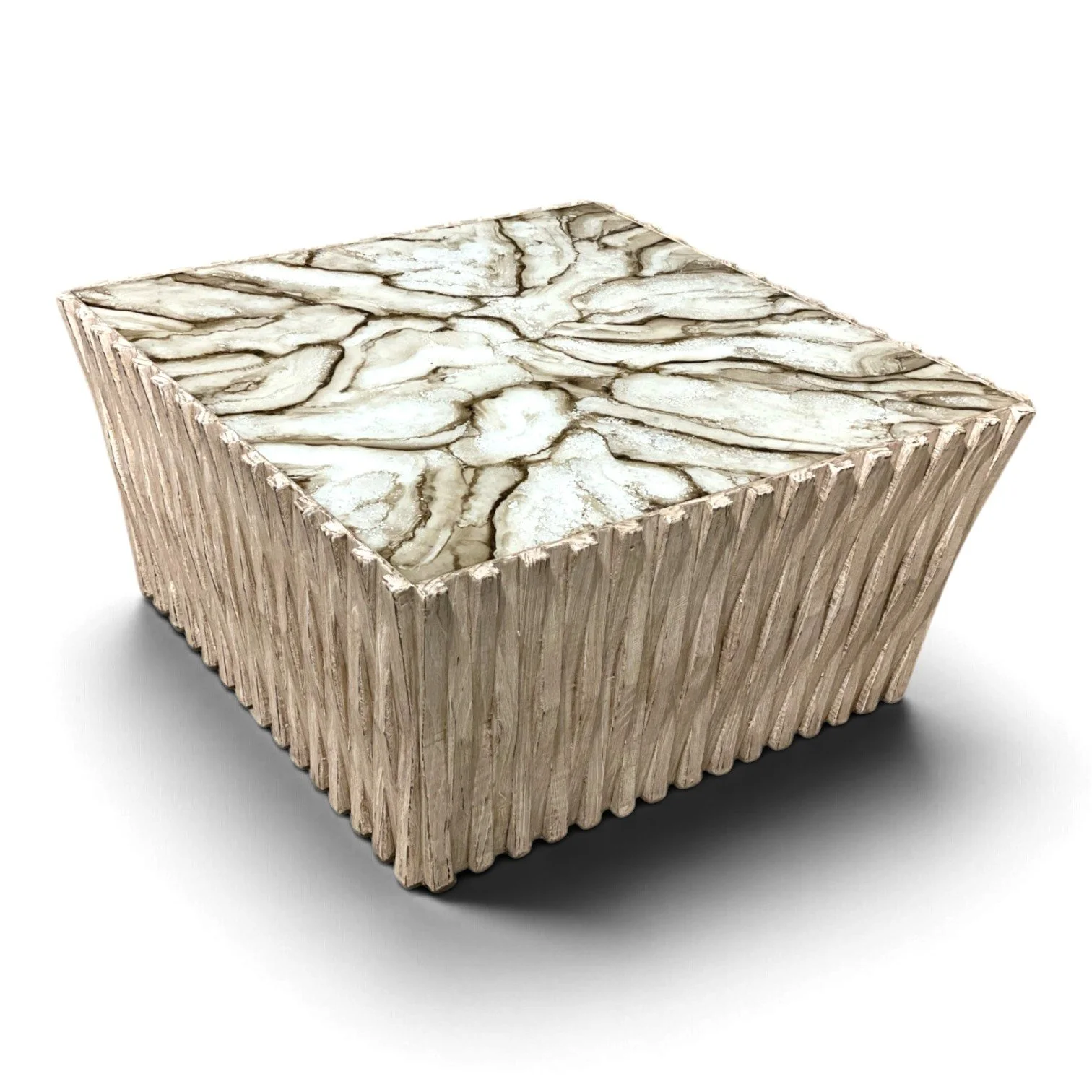 Handmade cocktail table with marble-look reverse-painted glass top and carved wood base