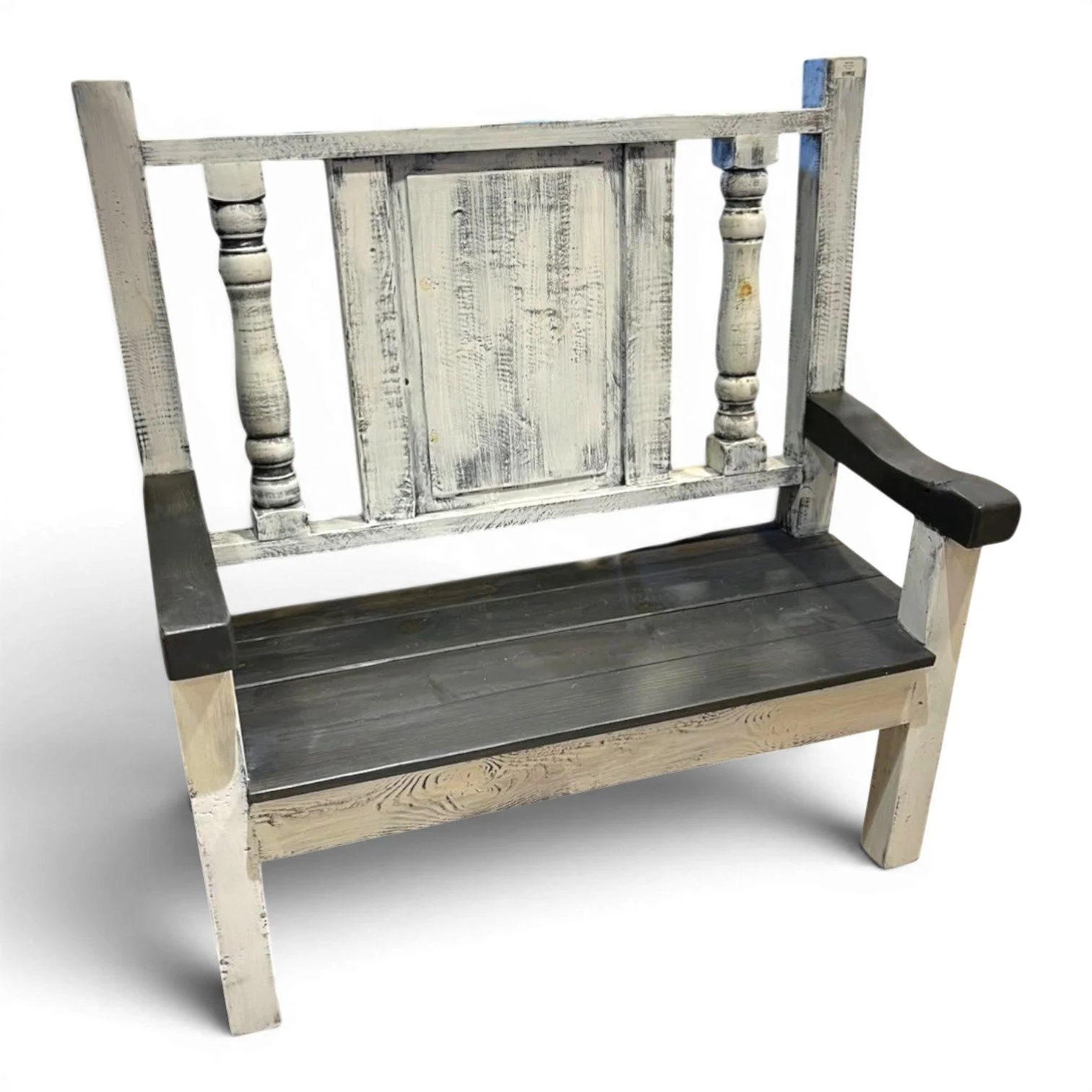 Handmade Mexican distressed white bench with black seat