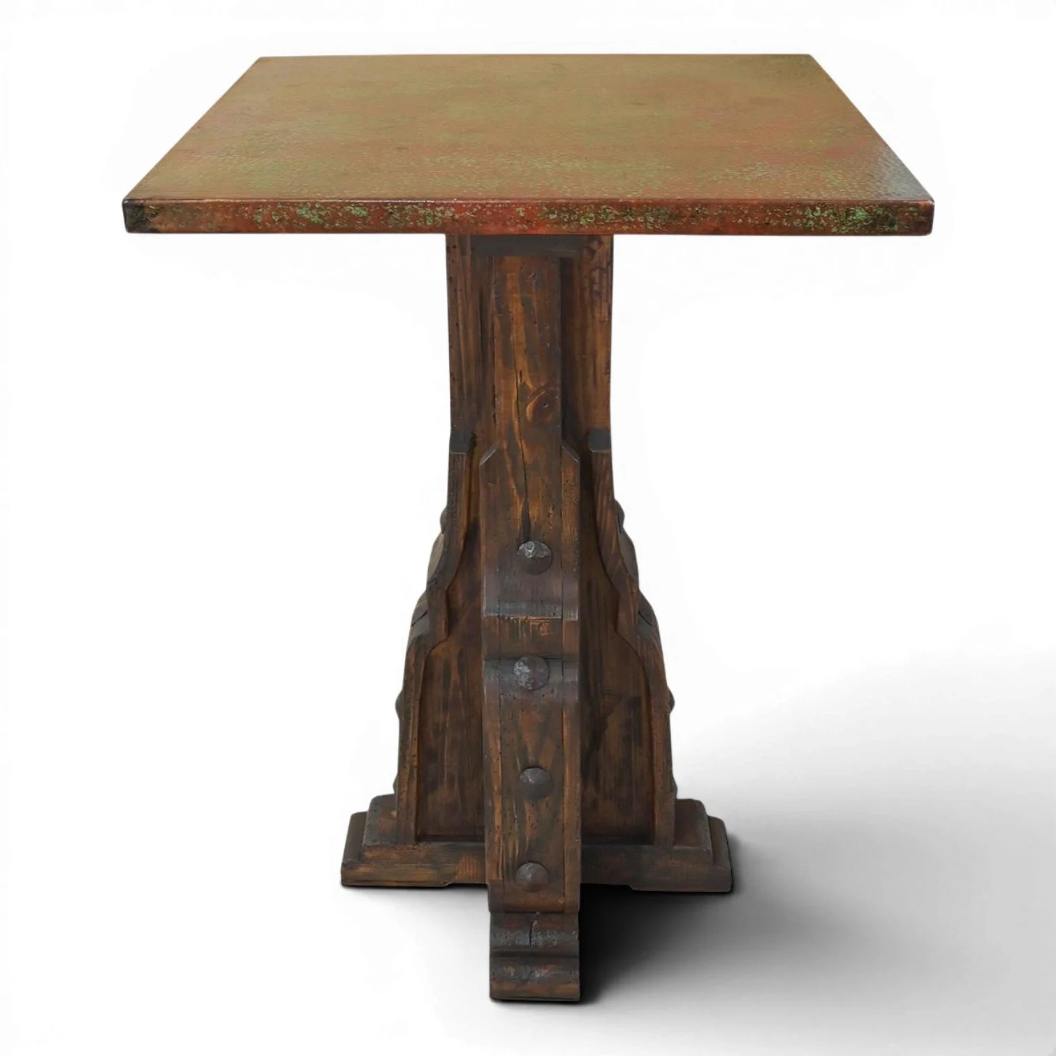 Handmade Mexican La Ventura round copper bar table with hand-pounded copper top and intricately hand-carved solid wood base.