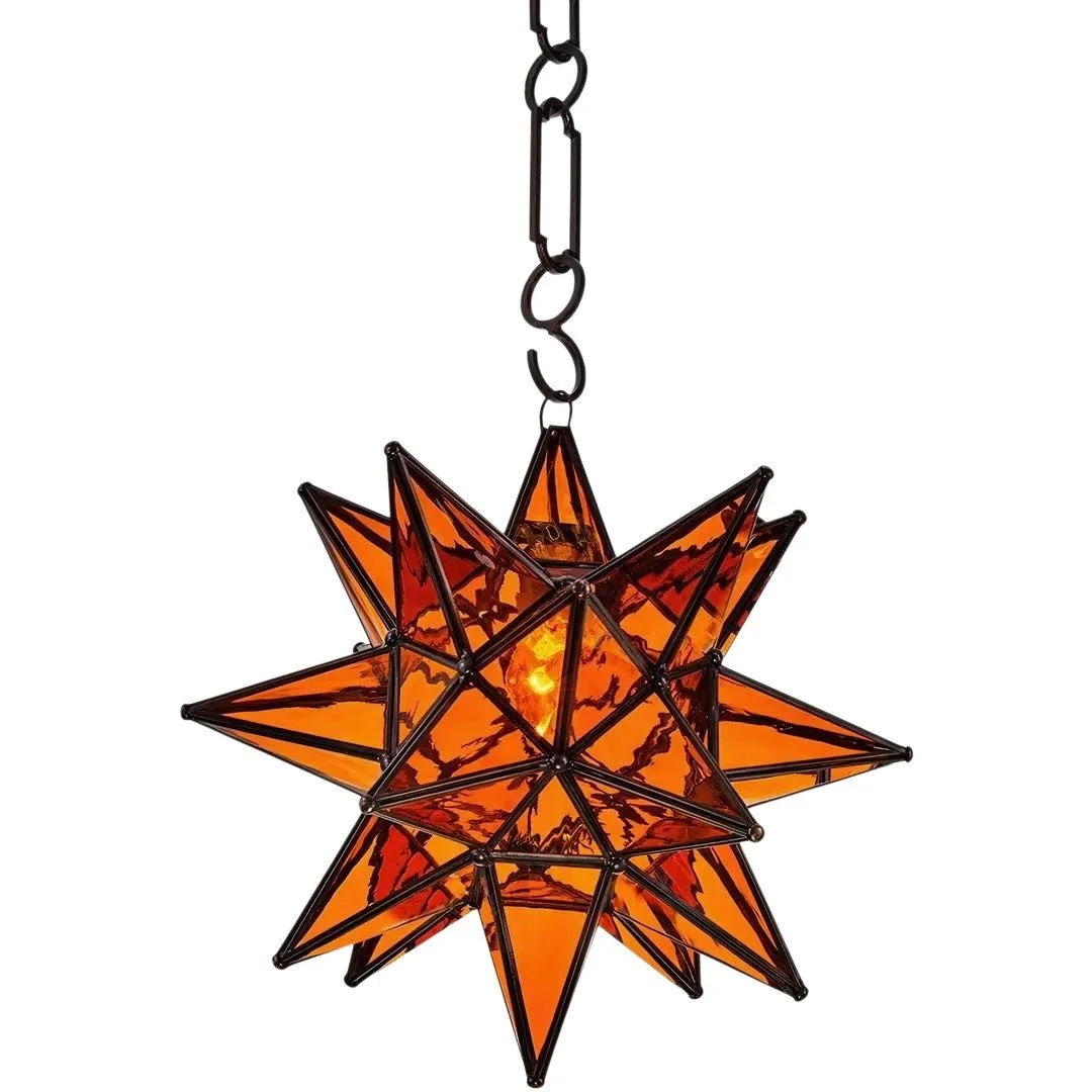 Hand-forged iron estrella pendant light with warm amber glass panels