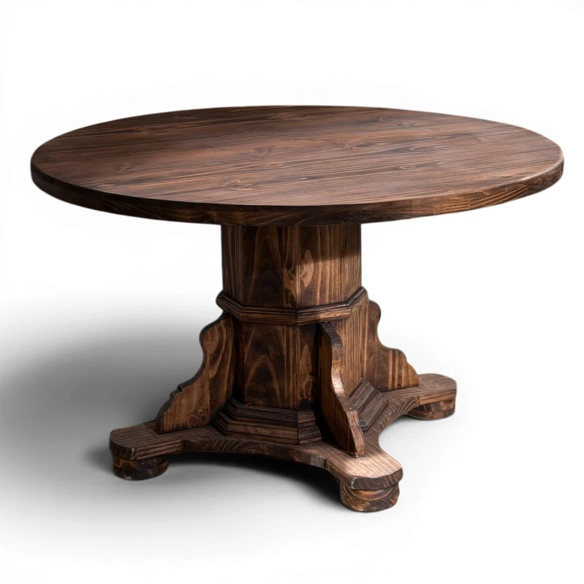 Vallarta Redonda handmade Mexican round solid pine dining table with a thick pedestal base and rich dark stained finish.