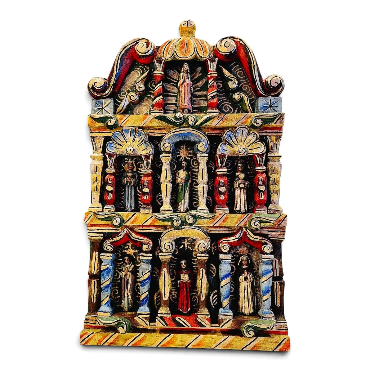 Handmade carved wood retablo wall art in bold red, three-level design