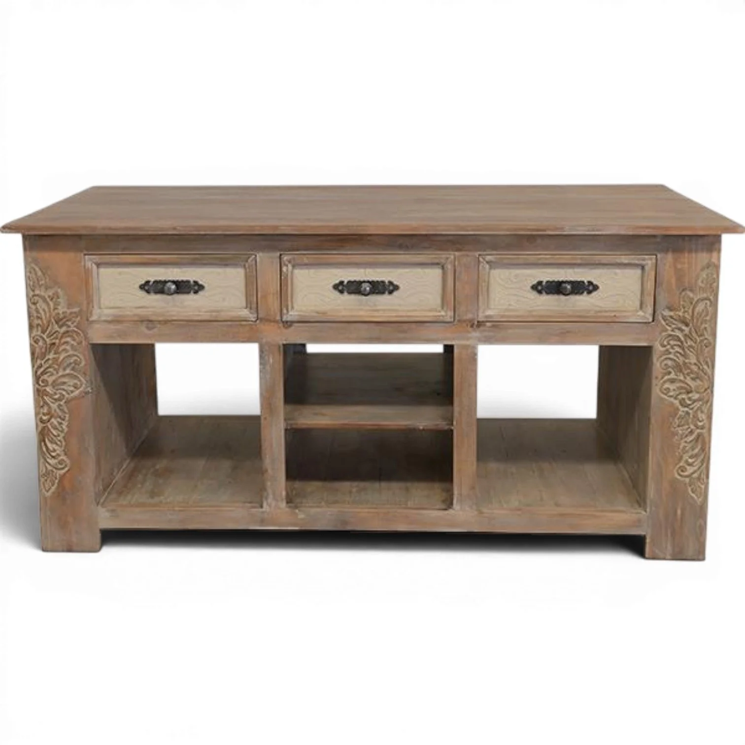 Handmade Mexican Arenosa kitchen island with hand-carved solid wood, cream drawer fronts, rustic finish, and open shelving.