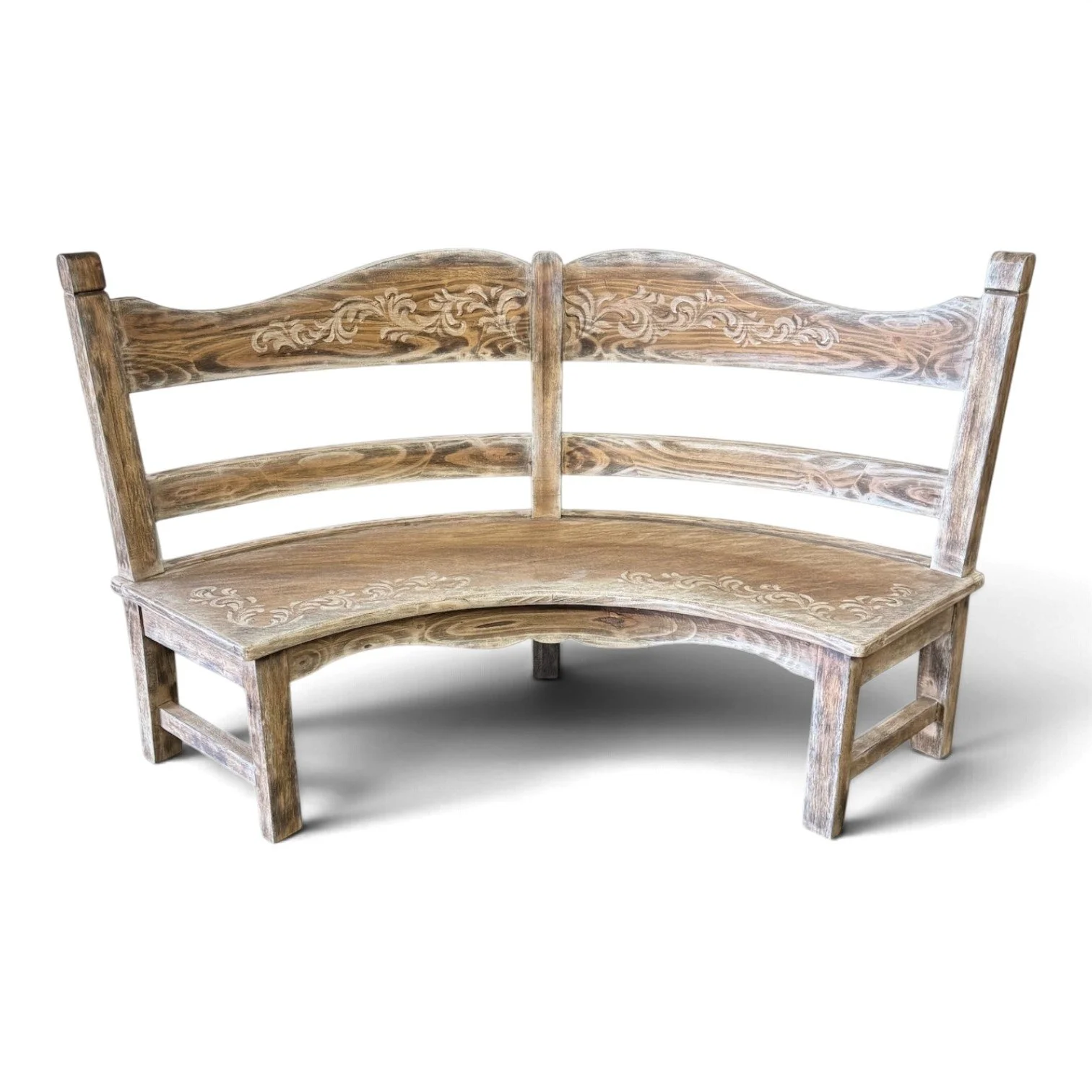 Handmade whitewashed curved wood bench with carved floral details