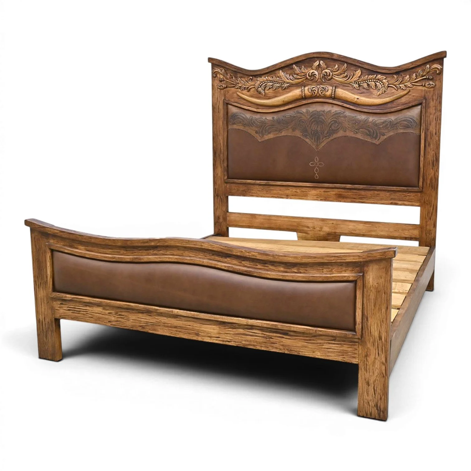 Handmade Longhorn Western tooled leather bed with hand-carved solid wood frame and rich dark stain crafted in Mexico.