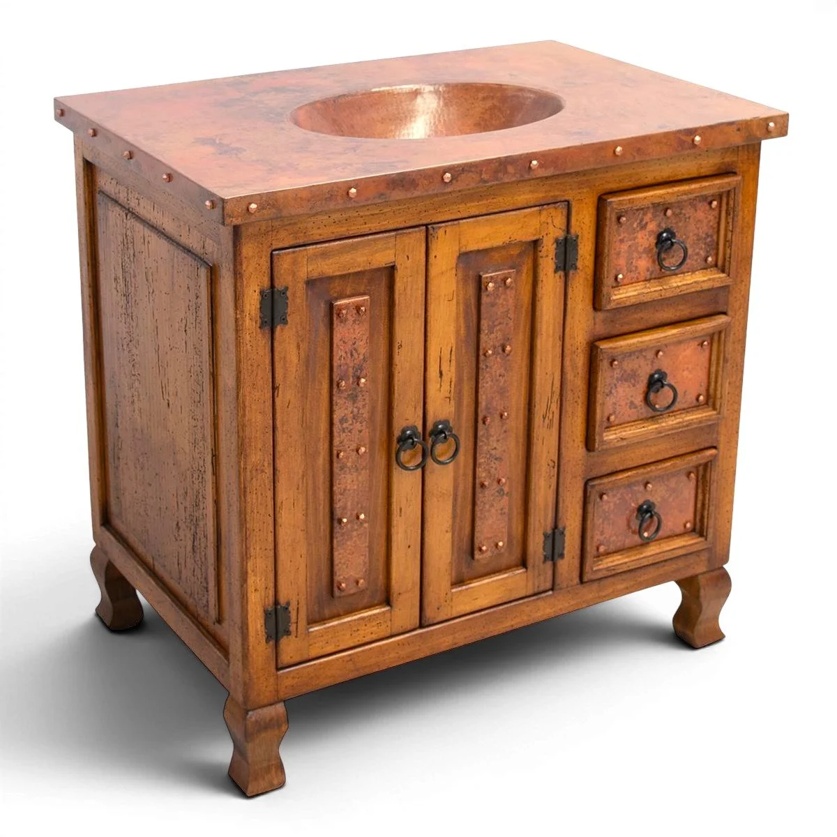 Handmade Peñasco copper bathroom vanity with single sink, copper top and doors, iron hardware, and dark wood finish.
